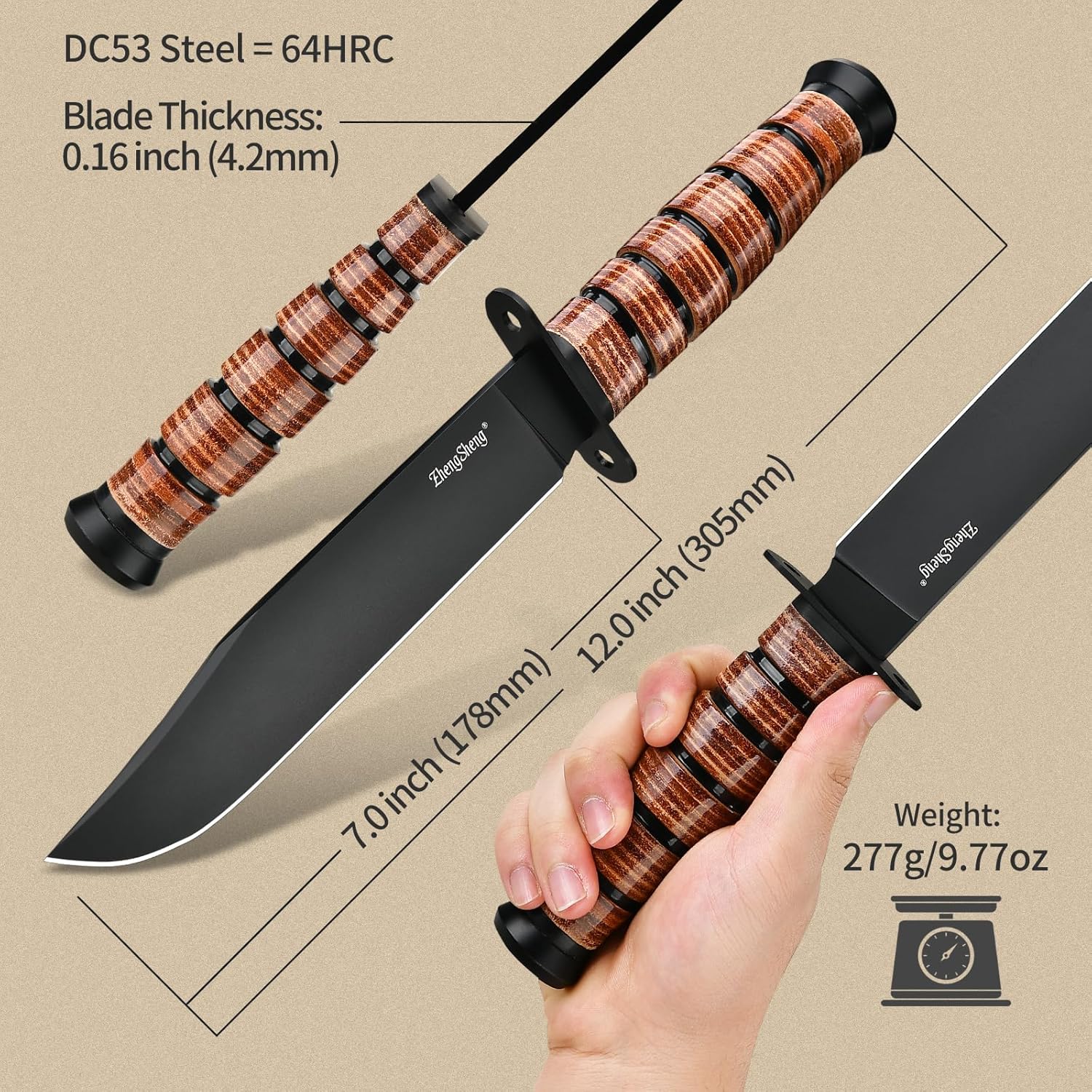 ZhengSheng 7.0 inches Fixed Blade Knife - Perfect PVD Titanium Coating DC53 Steel Blade Bowie Knife with Leather Sheath for Camping, Hiking, Survival