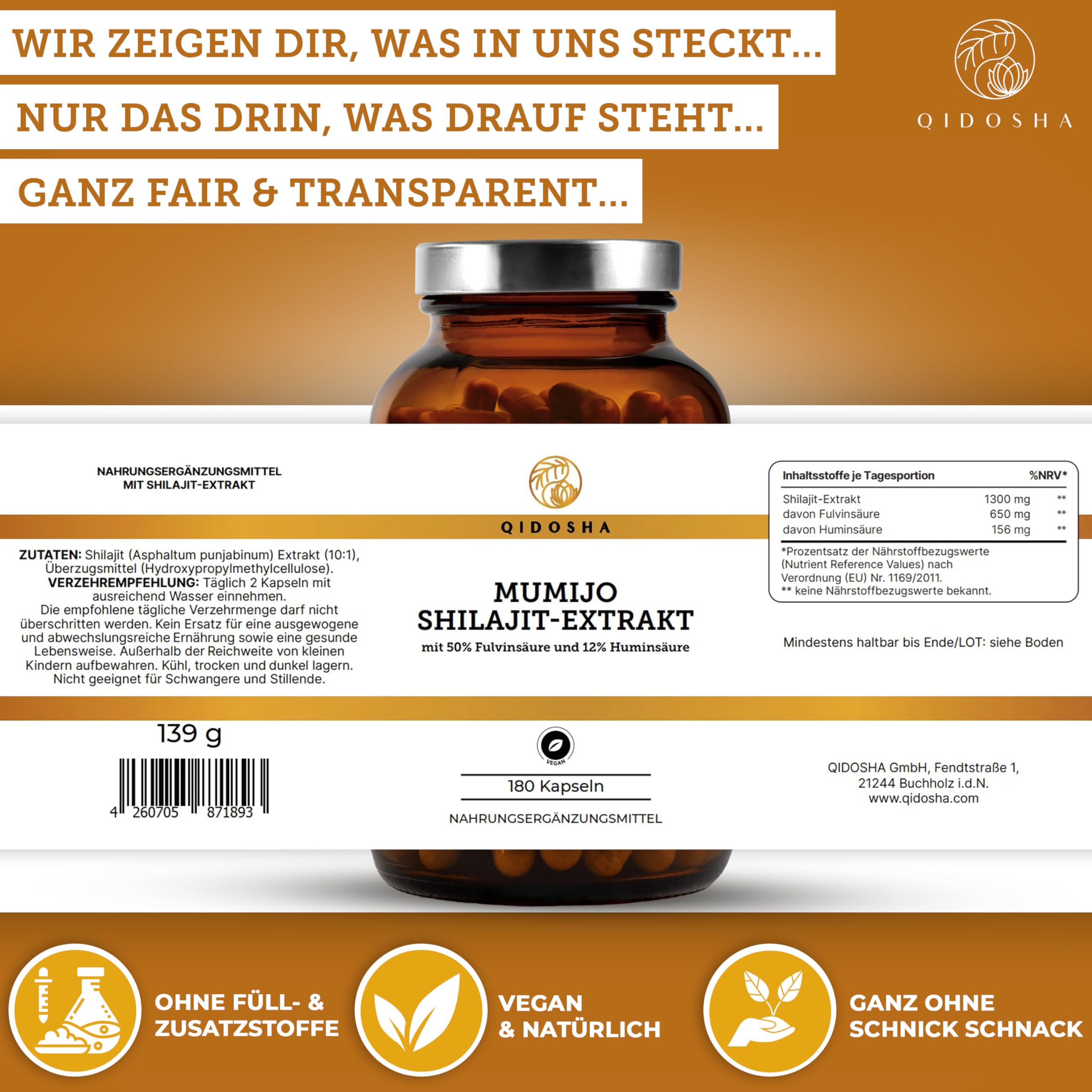 QIDOSHA® Mumijo Shilajit, hochdosiert: 13.000 mg Shilajit pro Tag (10:1 Extrakt), Original Himalaya, 50% Fulvinsäure, 12% Huminsäure, 180 Kapseln, deutsche Fertigung, jede Charge laborgeprüft