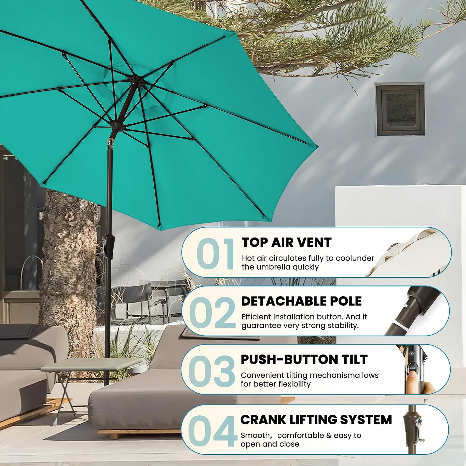 9FT 9FT Outdoor Patio Umbrella Outdoor pool Umbrella with Push Button Tilt and Crank, Market Umbrella 8 Sturdy Ribs UV Protection for Garden, Deck, Backyard (Turquoise)