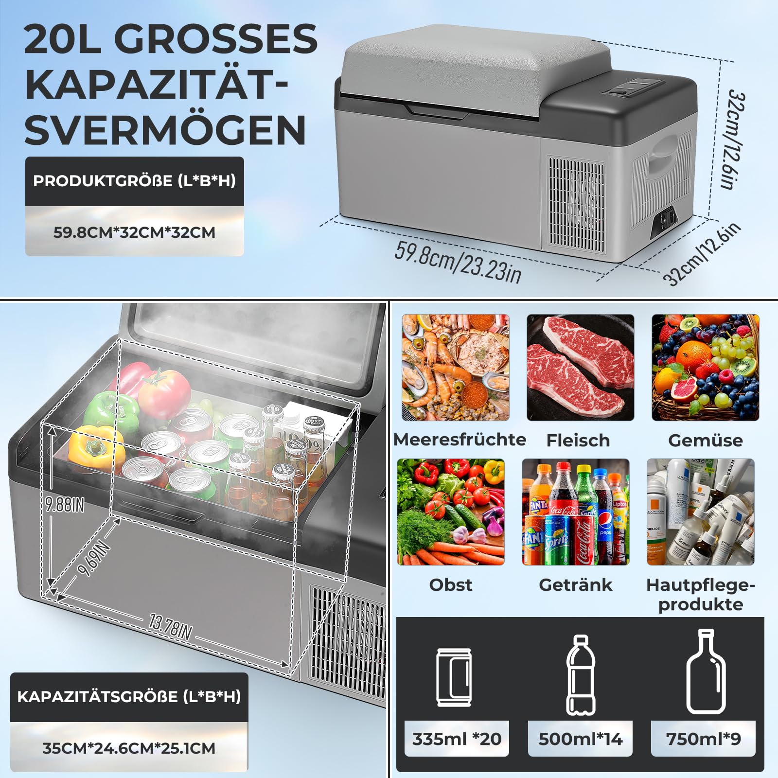 20L Kompressor Kühlbox 12/24V DC & 230V AC Mini Kühlschrank Klein Elektrische Camping-Gefrierbox Tragbare Gefrierschrank für Auto, Lkw, Boot, RV, Camping, Wohnmobil & Reisen, -20℃-20℃, APP Steuerung
