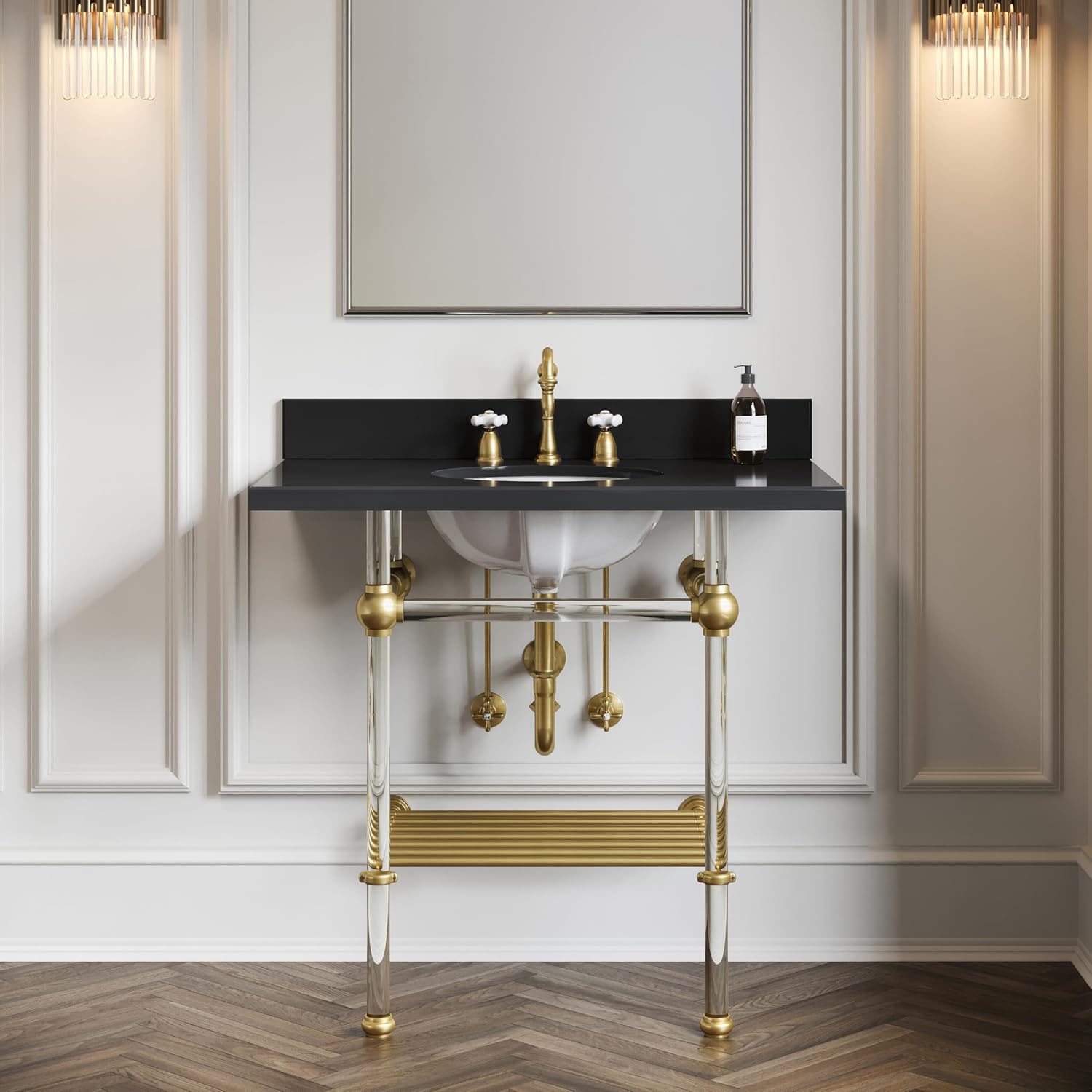 Kingston Brass KVPK36KAB7 Templeton 36" Console Sink with Acrylic Legs (8-Inch, 3 Hole), Black Granite/Brushed Brass