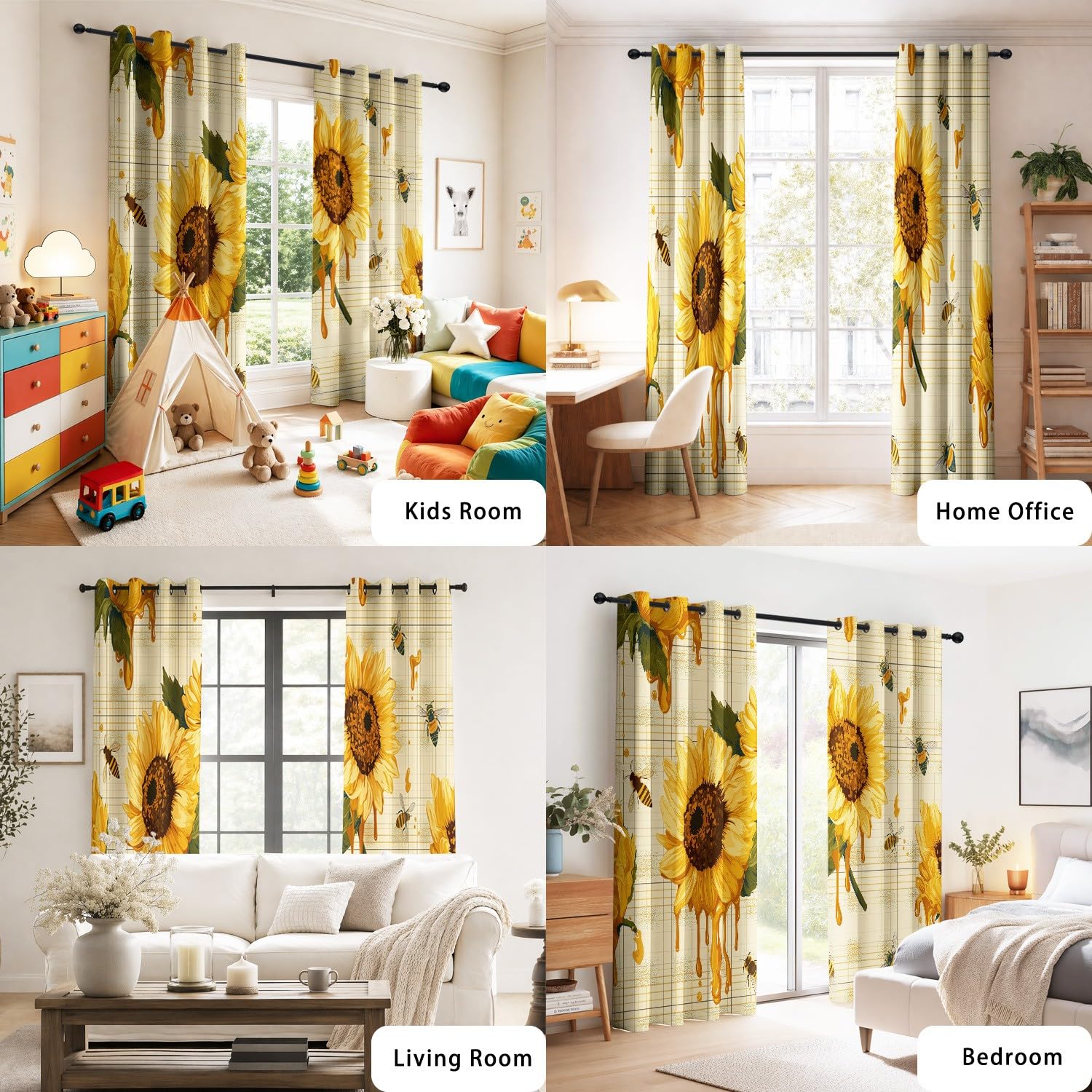 Generisch Zasłony nieprzejrzyste, zestaw 2 sztuk, 120 x 190 cm, niegniotące się, słoneczniki, Gingham z pszczołami, zasłony w realistycznym, słodkim, ciepłym, żywym stylu, do słonecznej sypialni