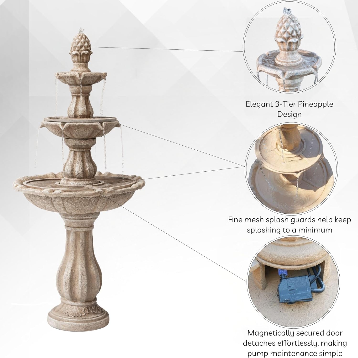 XBrand 51" 3-Tier Outdoor Water Fountain with Pineapple Top – Beige Freestanding Garden Waterfall with Pump, Auto Shut-Off, and Fiber Resin Build – Lawn & Patio Decor
