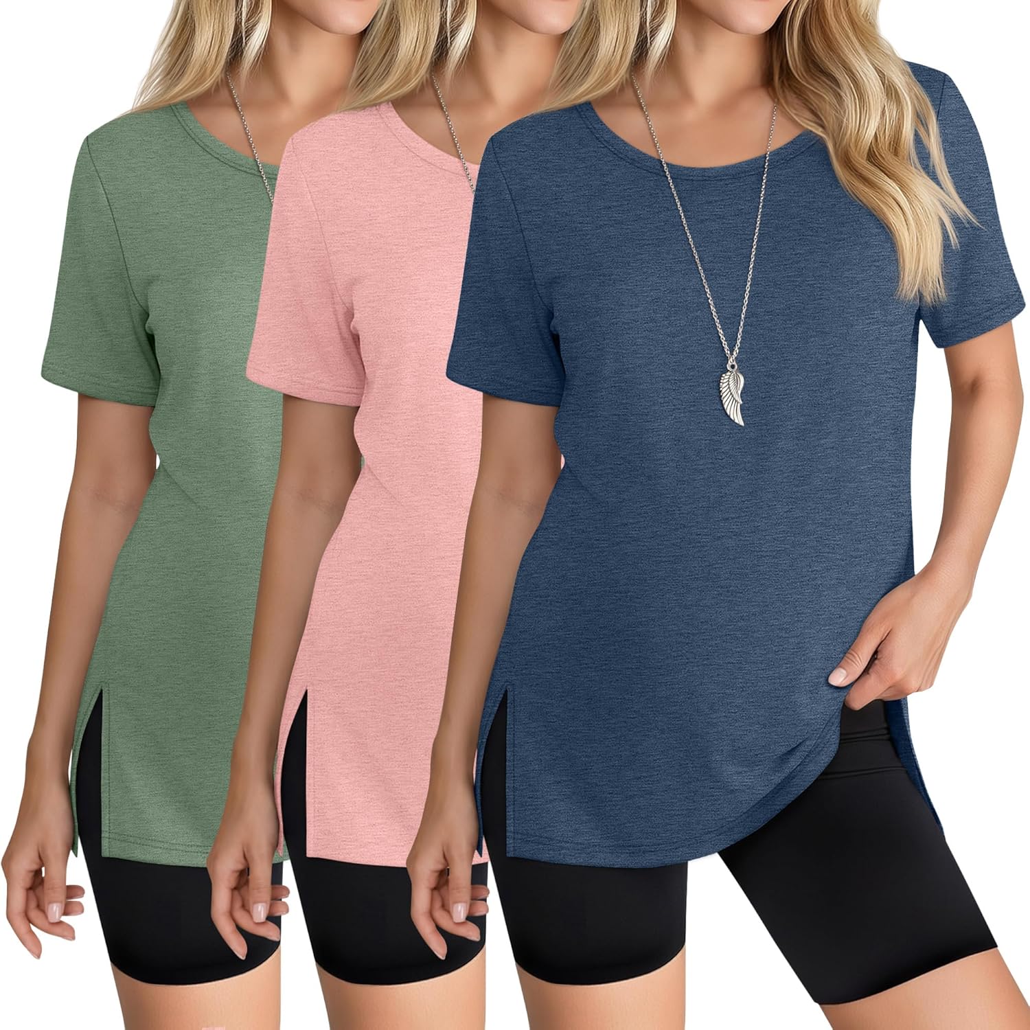 3 Pack Women's Maternity Shirts Short Sleeve Round Neck Side Split Pregnancy Tops Loose Summer Casual Mama Clothes