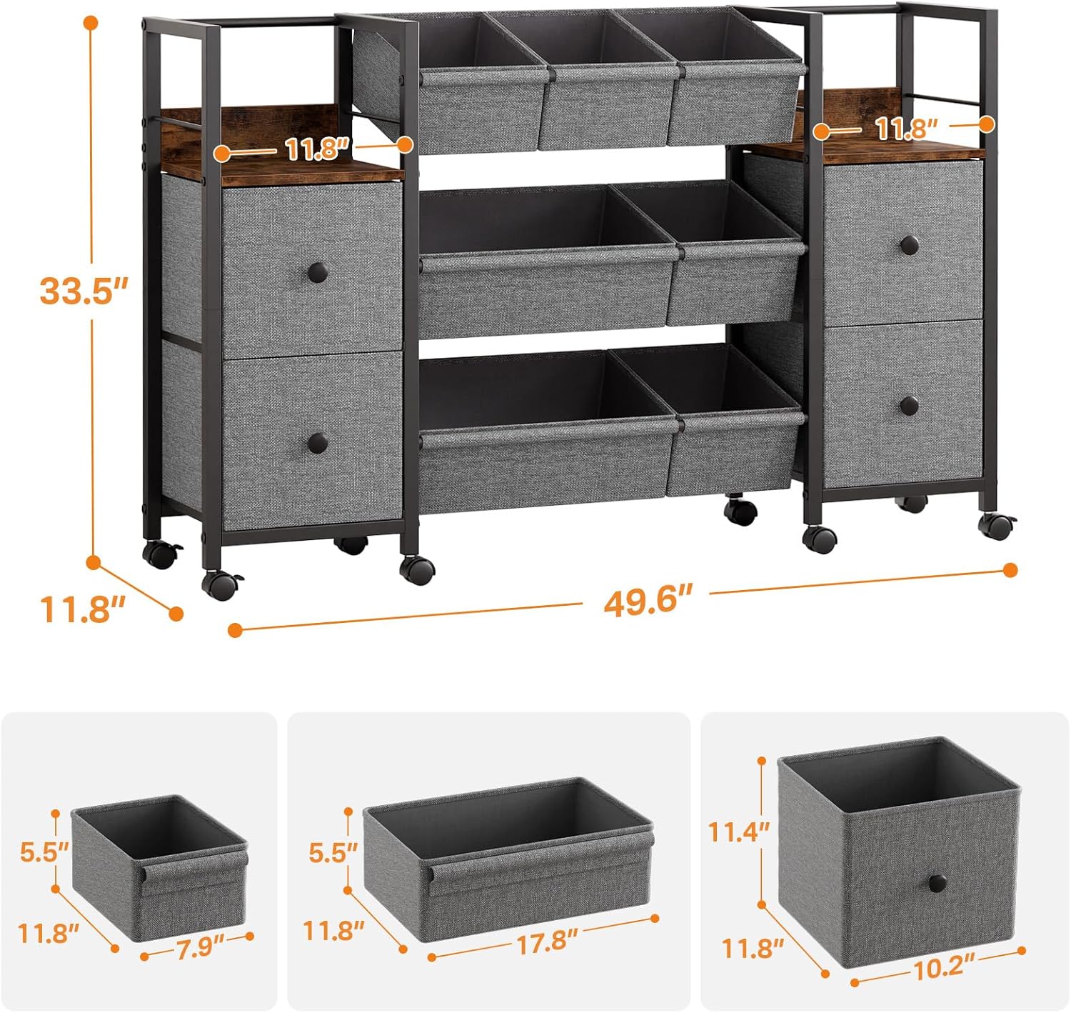 Kids Toy Organizers and Storage Bins - 7 Storage Bins + 4 Fabric Drawers + 2 Bookshelf, Playroom Storage, Mobile Cart Organizer for Toy, Clothes, Blankets and Books (Black)