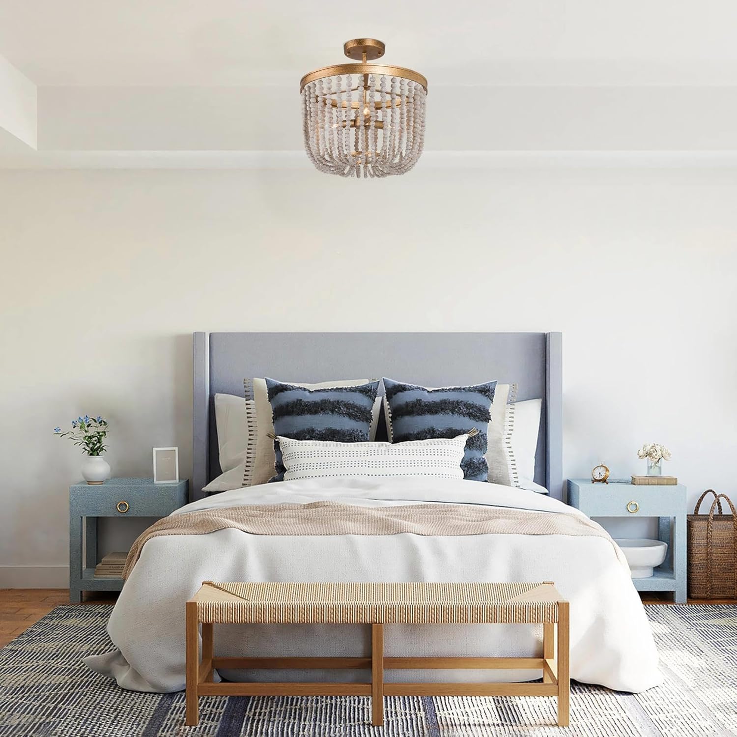Wood Beaded Ceiling Light, Boho Semi Flush Mount Ceiling Light Fixture, Farmhouse 3 Light Gold Ceiling Light for Bedroom, Hallway, Kitchen, Foyer