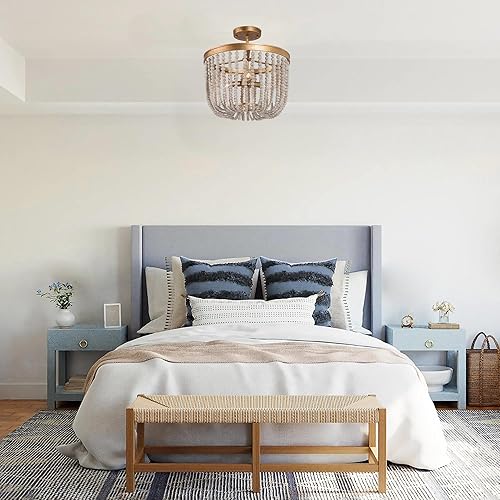 Miniatura 3 de Lámpara de techo con cuentas de madera, estilo bohemio, semiempotrada, lámpara de techo de 3 luces doradas para dormitorio, pasillo, cocina,