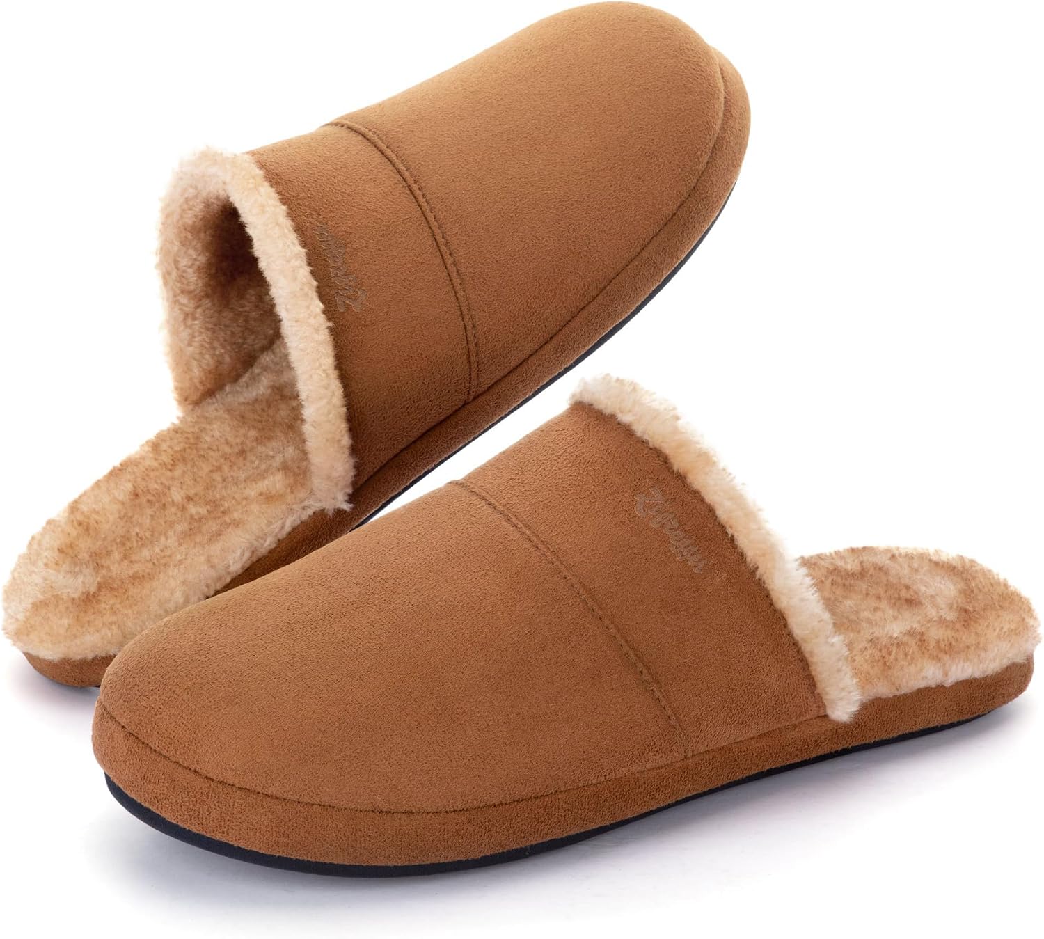 Mens Fuzzy Scuff House Slippers Indoor Memory Foam Winter Warm House Shoes(Tan,Size 9-10)
