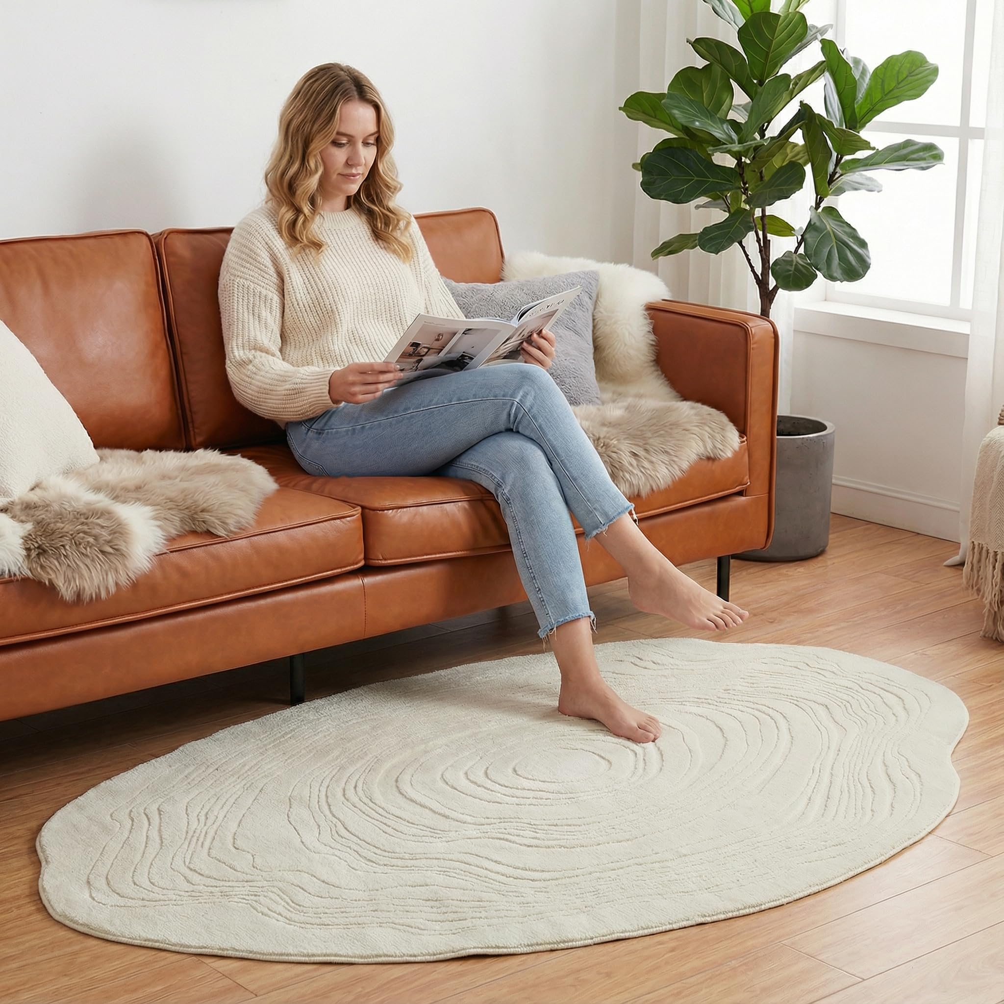 Teppich Wohnzimmer 120x180 cm Creme - Asymmetrisch 3D Wellenmuster - Kurzflor Waschbar & rutschfest - Moderner Teppiche für Schlafzimmer, Kinderzimmer