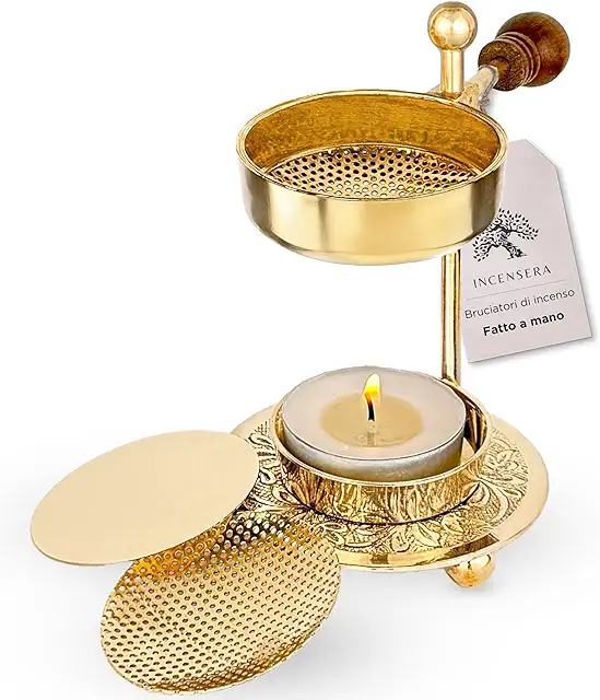 Braciere Incenso Oro con Colino - Bruciatore Resine Erbe Regolabile