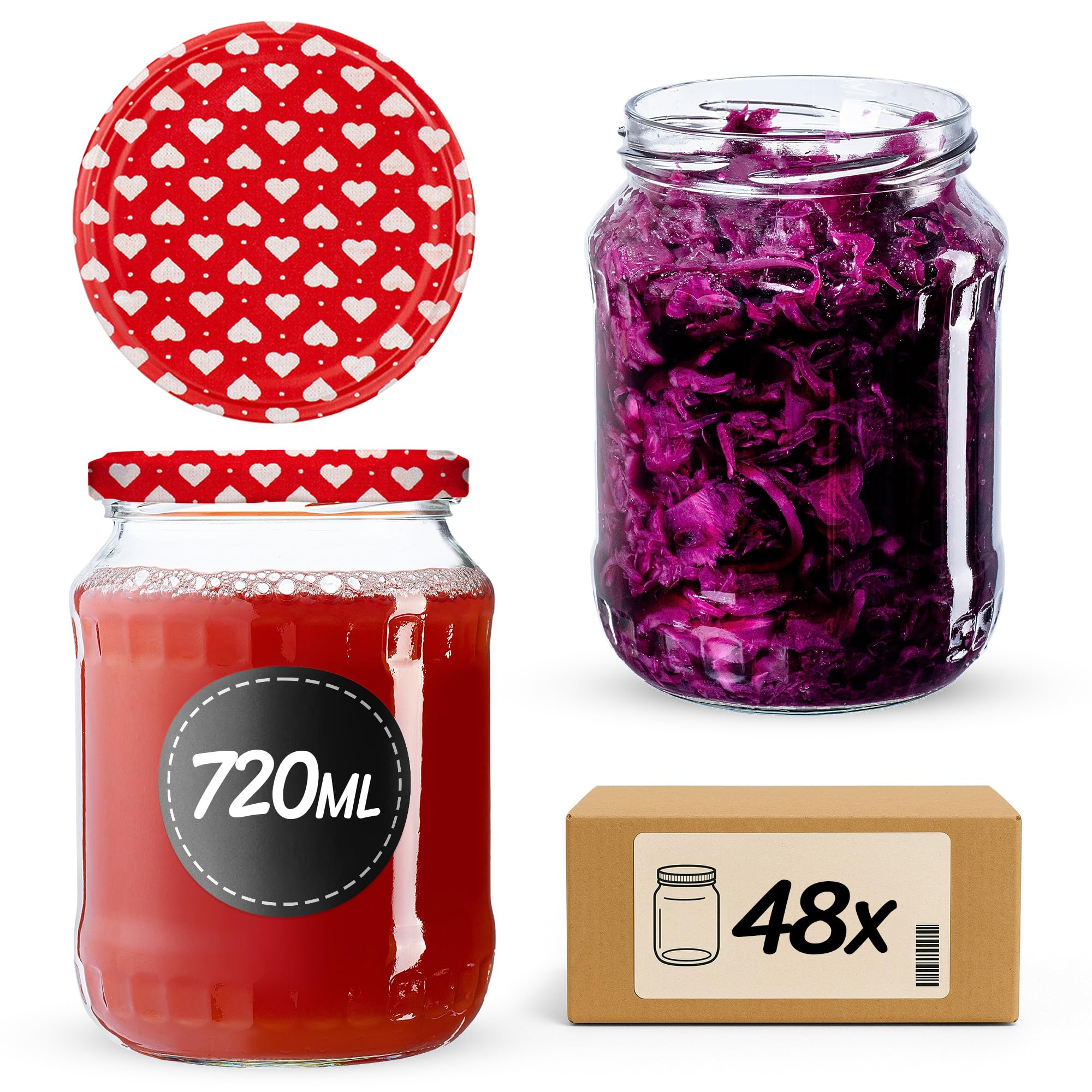 KADAX Zestaw 48 szt. słoików szklanych do przetworów 720 ml z zakrętką TO 82, do wekowania i przechowywania, wzór serce