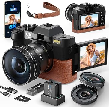 8K&64MP Digital Cameras for Photography, 16X Zoom, WiFi, 180 Flip Screen, Autofocus, Anti-Shake, Wide-Angle & Macro Lens, Built-in Fill Light, PU Leather Case, 64GB Card & 2 Batteries Black