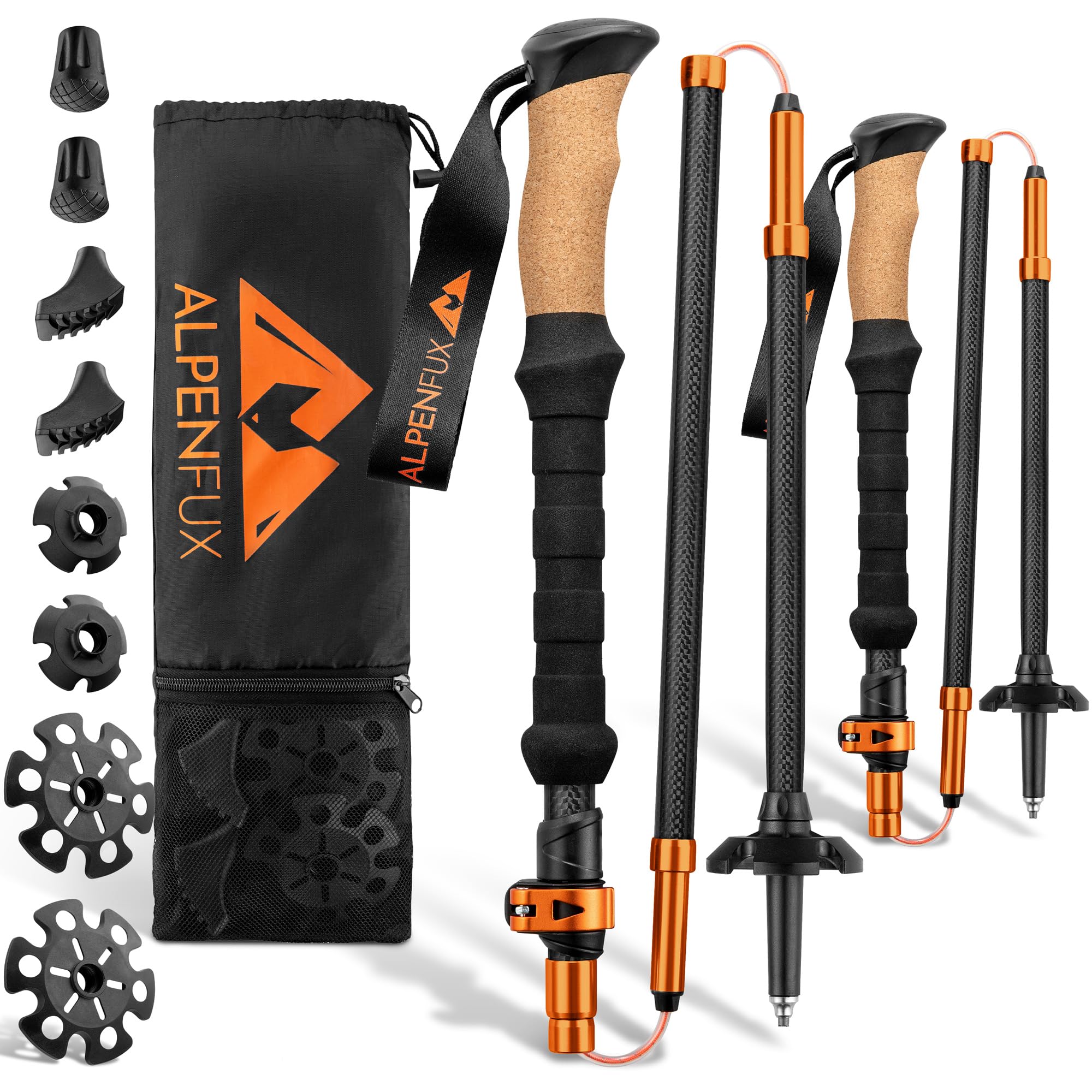 ALPENFUX® Bastoni da trekking pieghevoli, bastoncini da trekking, bastoncini da nordic walking, leggeri e regolabili con chiusura a morsetto e manico in sughero per uomo e donna