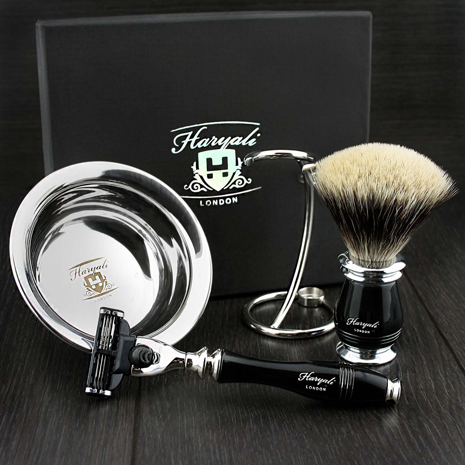 Haryali London Luxury Black zestaw do golenia dla mężczyzn 3 Edge, pędzel do golenia, stojak do golenia i miseczka do golenia