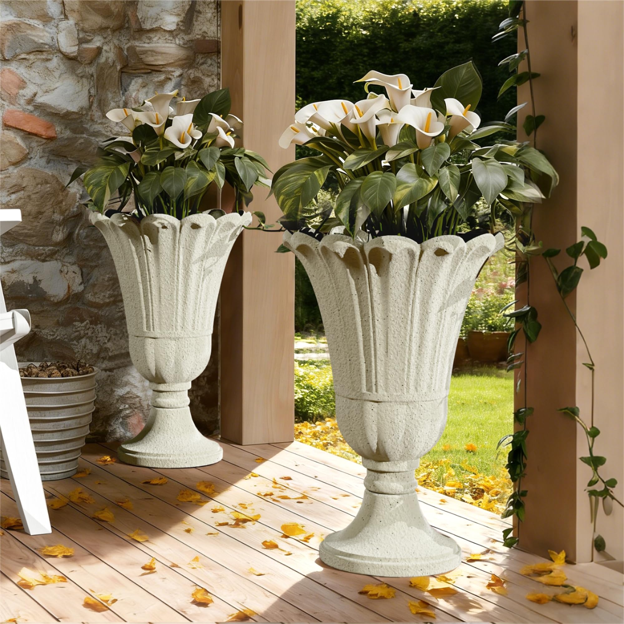 24" Tall Urn Planters for Outdoor Plants, Urns and Pedestal, Beige