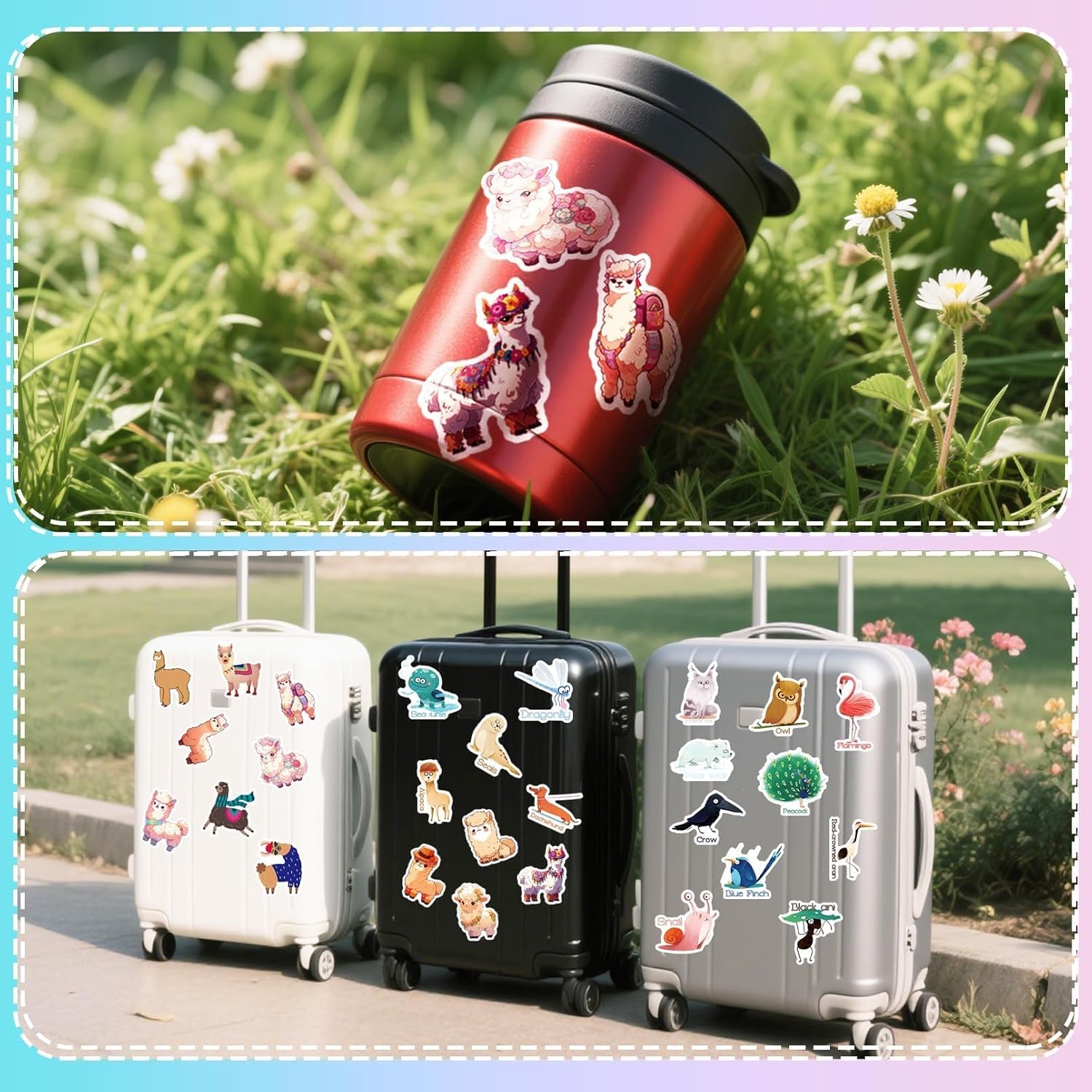 Condition photo showing Brand New for Aresvns 100 PCS Animal Stickers, PP/Polypropylene Waterproof Decals, Cute Alpaca Water Bottle Laptop Car Computer Skateboard Suitcase Decal, Funny Wide-Eyed Cute Animals Stickers