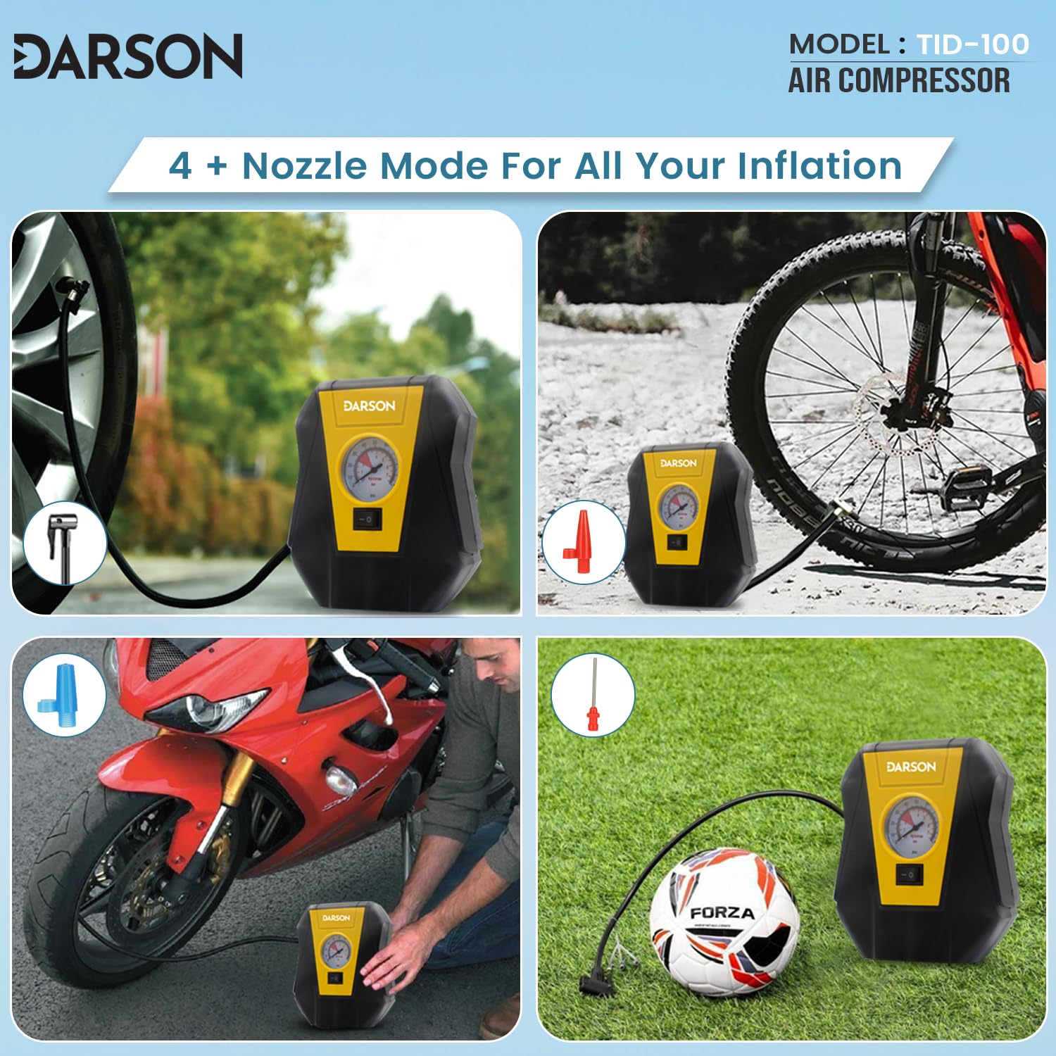 Darson TID-100 Tyre Inflator for Car - 12V Car Port and 100PSI Portable Air Compressor for Cars, Bike, Bicycle and Football - Fast Inflation Speed air inflator for car - Mini Air Compressor 4