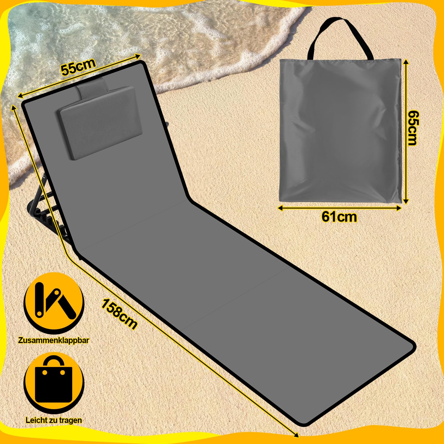 Lot de 2 tapis de plage pliables de 158 cm, dossier réglable sur 5 niveaux, avec oreiller et compartiment de rangement, portable, chaise longue pliable pour camping, gris
