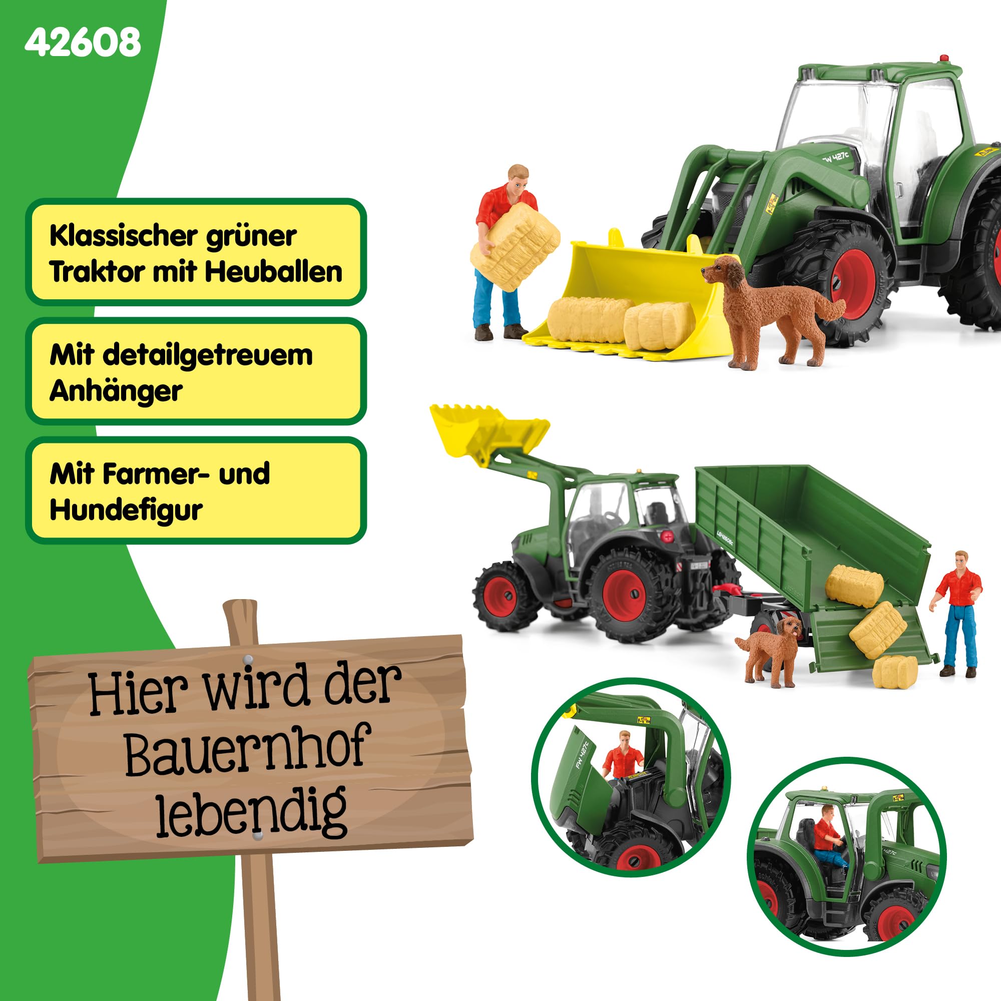 SCHLEICH Farm World Traktor mit Anhänger 42608 Set inkl. Traktor mit beweglichem Frontlader, Figur Bauer Paul, Hund & Zubehör Spielzeug ab 3 Jahre 50 Teile