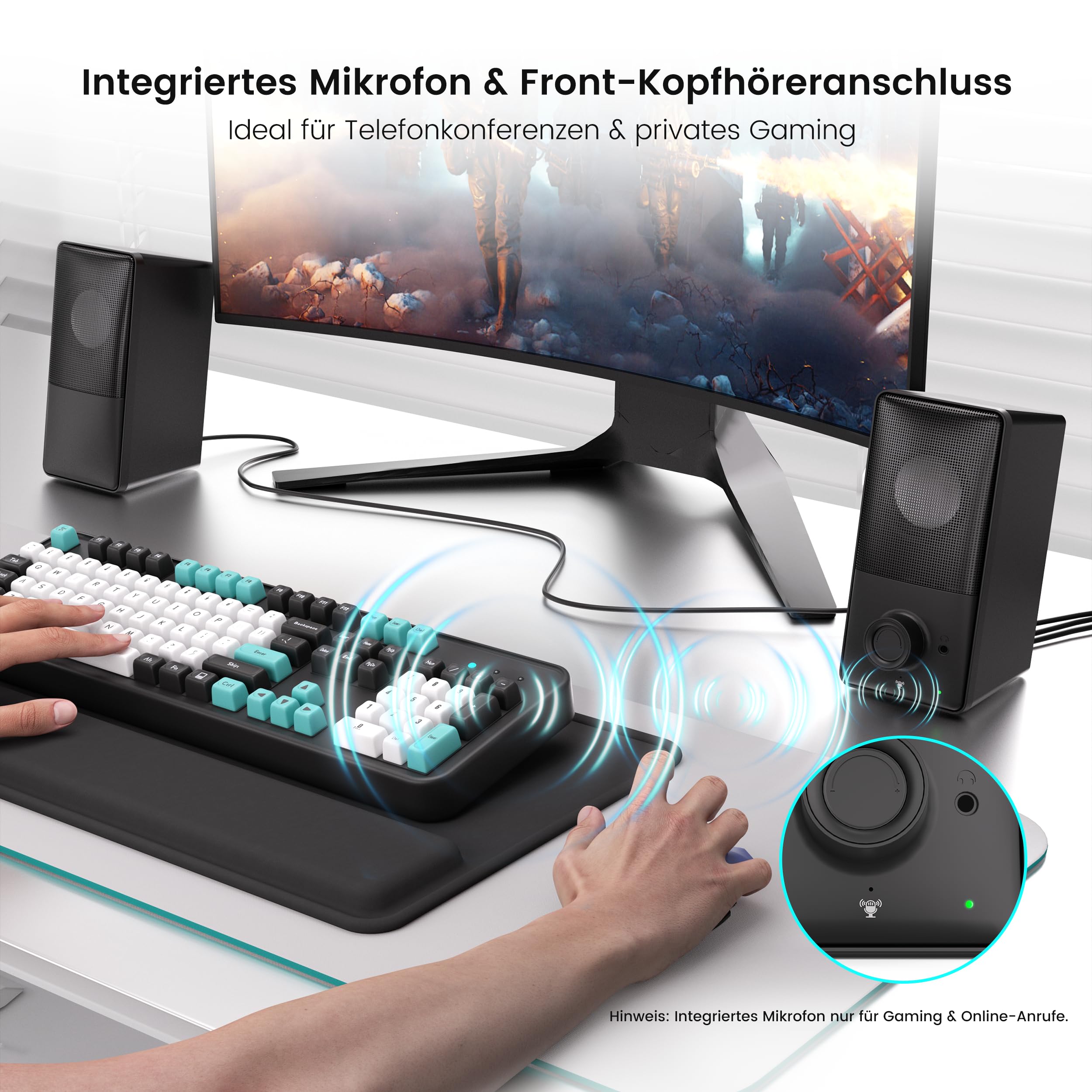 kstime Altoparlante per PC con Bluetooth 5.4, 14 W RMS Bass Reflex Stereo | inclinazione di 15°, porte USB e AUX, microfono integrato, jack per cuffie, per PC, laptop, smartphone