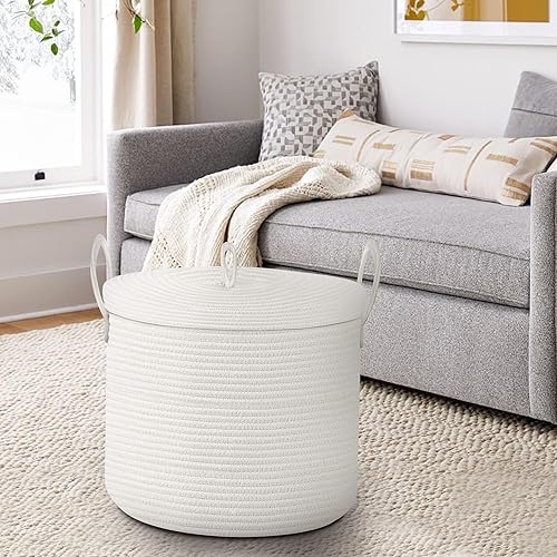 Miniatura 24 de Cesta grande de mimbre de 18 x 14 pulgadas con tapa, cesta para mantas, sala de estar, contenedor de almacenamiento de cuerda de algodón tejido