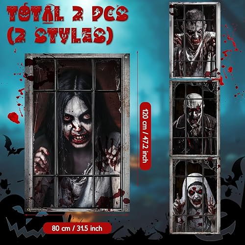 Miniatura 3 de Paquete de 4 cortinas de fantasmas de Halloween, cubierta de siluetas de ventana aterradoras de Halloween, fantasmas de terror, zombis masculinos y