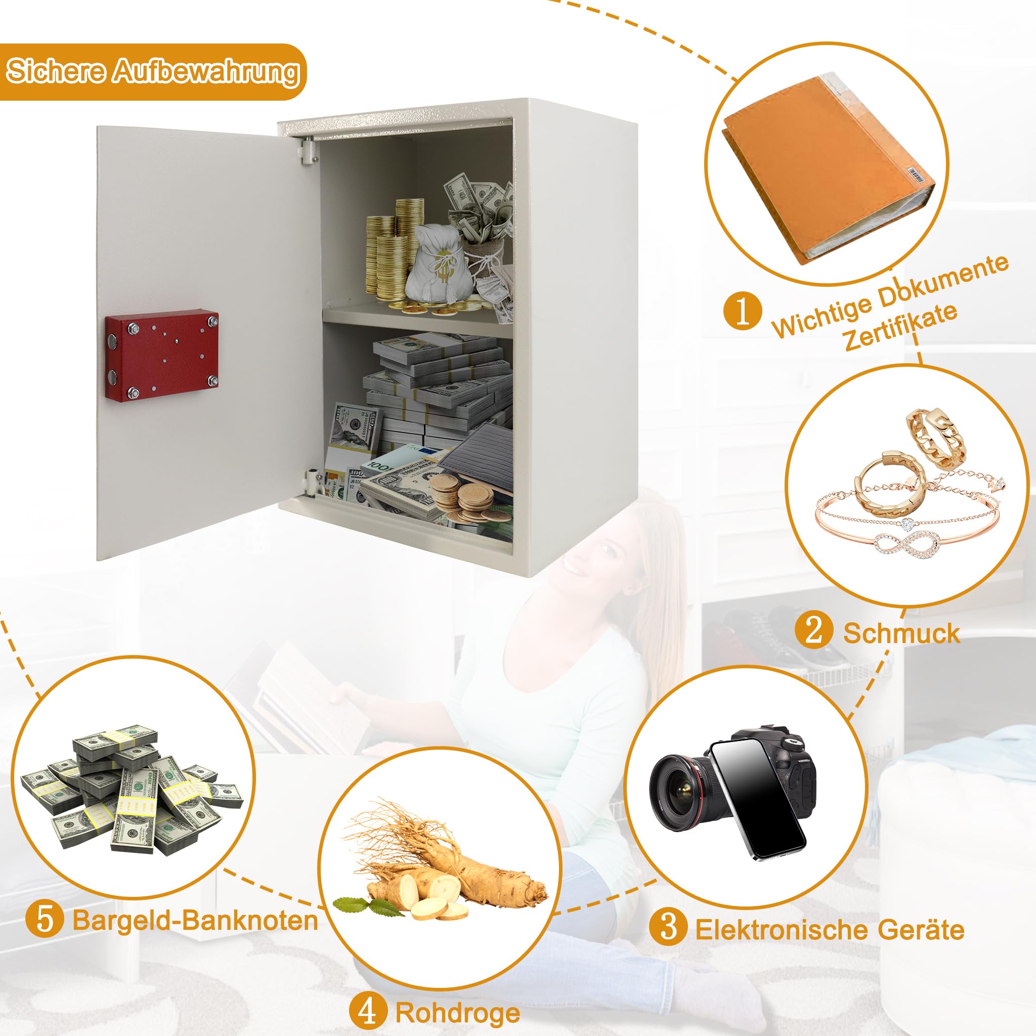 Aufun Cassaforte per mobili con serratura a doppia barba, 35 x 50 x 31 cm, grande cassaforte per casa, cassaforte e cassaforte per banconote, cassaforte da parete, con chiavi, argento
