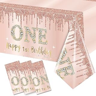 3 Pcs 1st Birthday Tablecloth Decorations for Baby Girls, Pink Rose Gold First Birthday Theme Table Cover Party Supplies, One Year Old Birthday Plastic Disposable Rectangular Table Cloth Decor