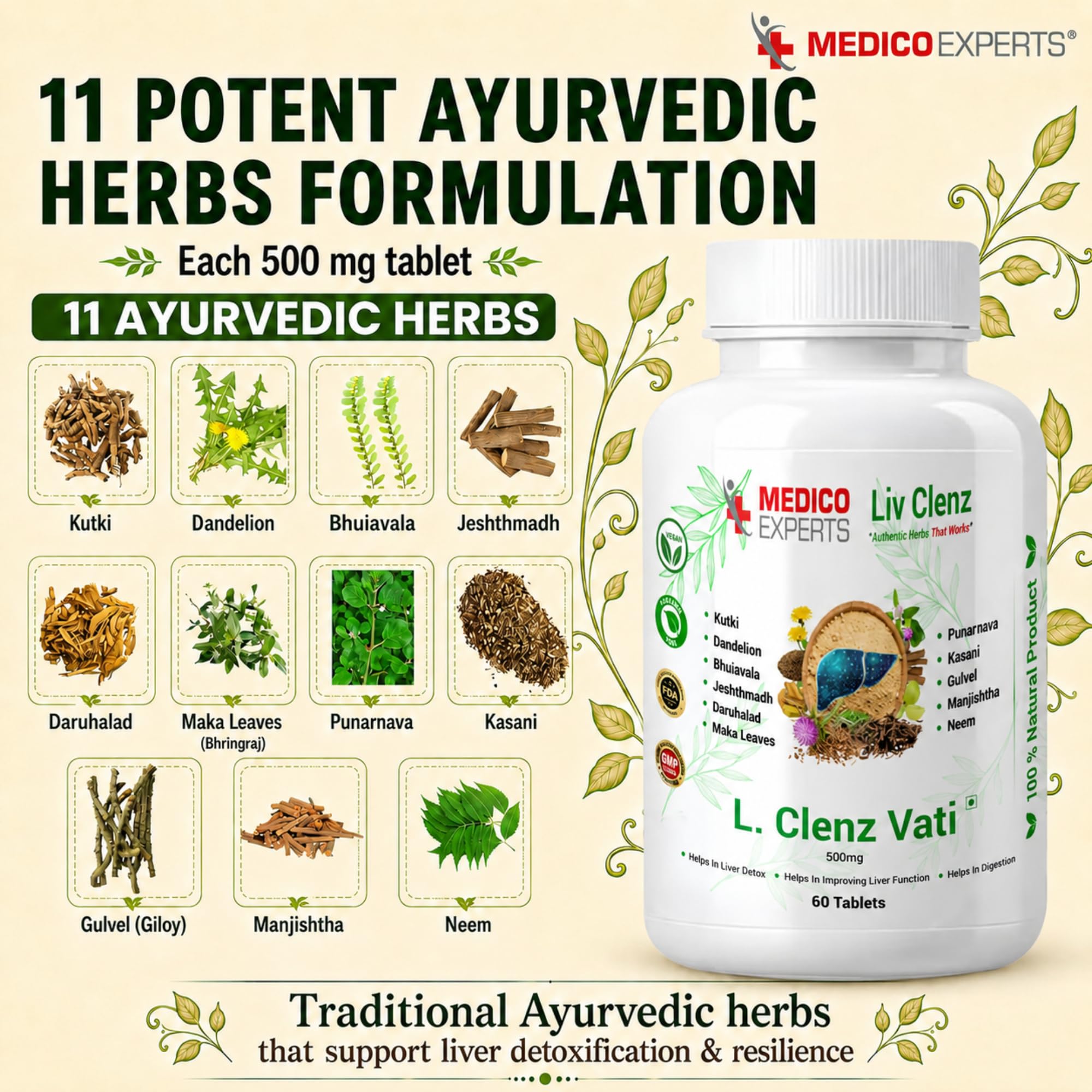 MedicoExperts L. Clenz Vati Ayurvedic Liver Detox Supplement | 11 Herbs (Dandelion, Kutki, Punarnava & more) | Fatty Liver Detox Tablets | For Daily Support After Heavy Meals & Alcohol | 60 Tablets 1
