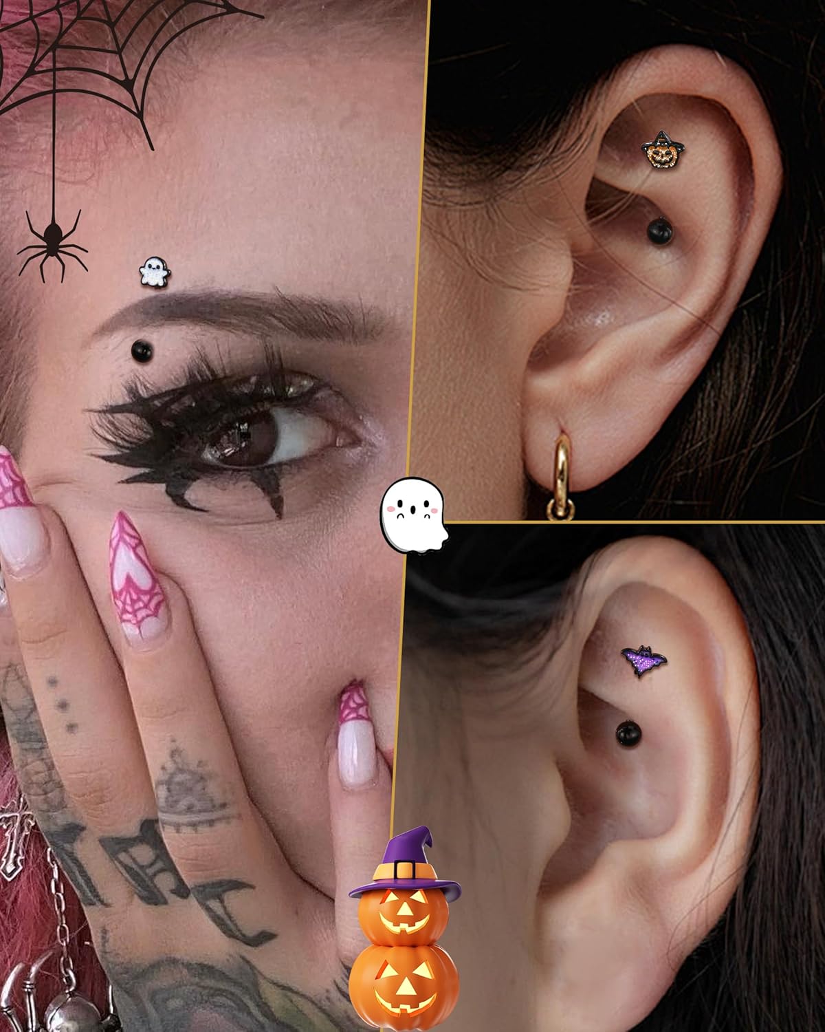 COCHARM 3PCS Halloween Rook Earrings 16G Rook Eyebrow Jewelry Cute Eyebrow Piercing Jewelry Dainty Vertical Labret Stud - Image 2