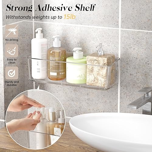 Miniatura 3 de Estante de ducha transparente, organizador de ducha grande montado en la pared, sin taladro, organizador de baño autoadhesivo con cinta