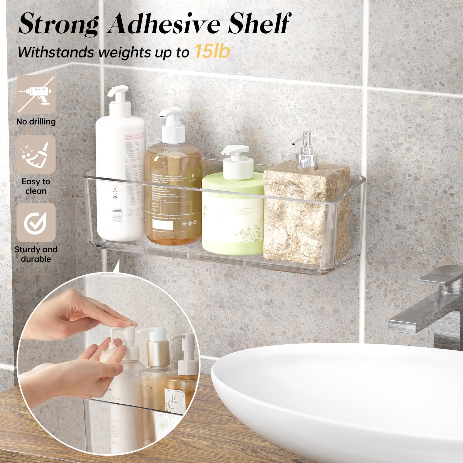 PAVSTINE Mensola Doccia Senza Foratura Trasparente, 2 Pezzi, Alto Grande | Cestino Portaoggetti, Accessori Doccia con Ventose, Shower Caddy, Mensole Bagno Può Contenere Sapone, Shampoo, Bagnoschiuma