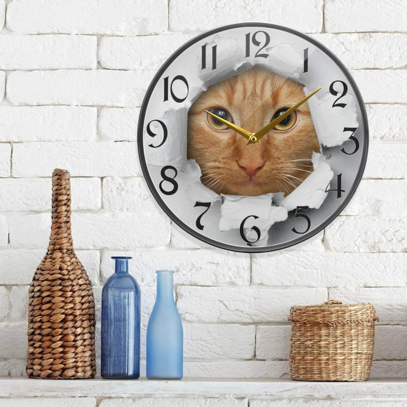 Cute Cat Butterfly Wall Clocks Battery Operated 10 Inch Silent Non-Ticking Quiet Desk Clock Decor For Living Room Home Office School Kitchen (Small,Round