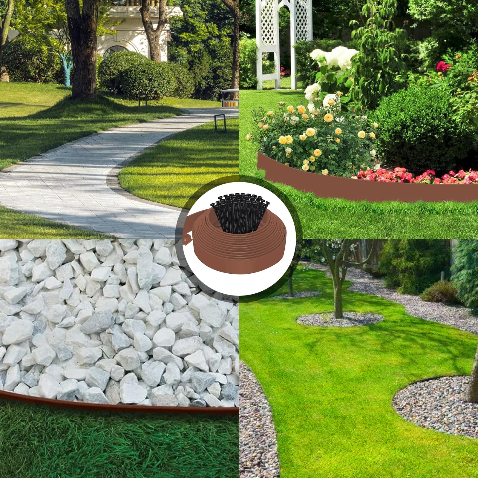 Bordura per Aiuola, Bordura per Giardino 5m x 5cm, Bordature da Giardino, Bordure per Aiuole, Bordo per Aiuole, Bordatura Aiuole Giardino, Bordo Giardino Flessibile con Guanti e 30 Unghie - Marrone