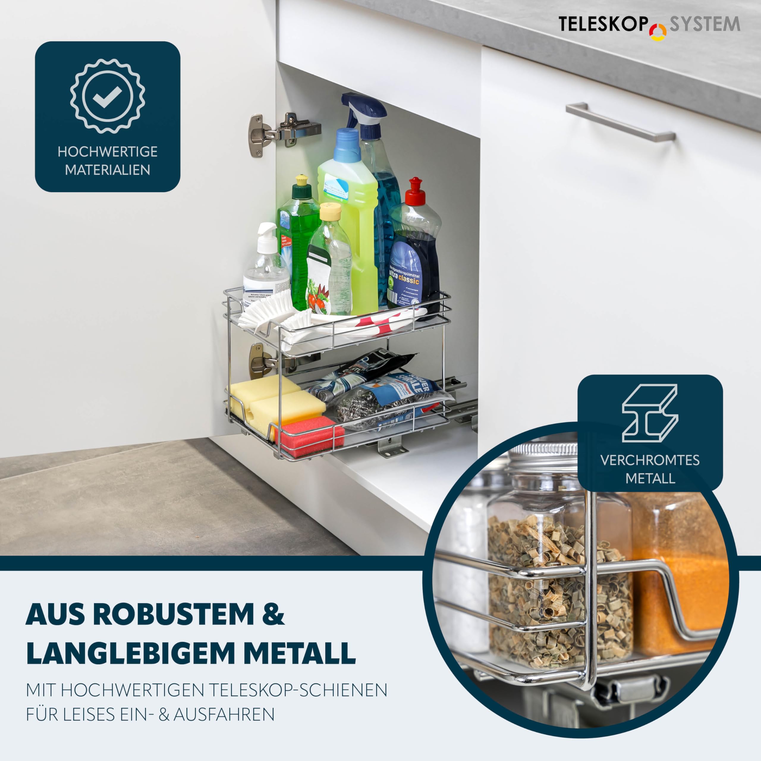 bremermann 2-stöckiges Teleskop-Gewürzregal 2er Set, ausziehbarer Schrankeinsatz für Regale, Schränke und Speisekammer - für Lebensmittel und Gewürze - Teleskopschublade aus robustem Metall - Chrom