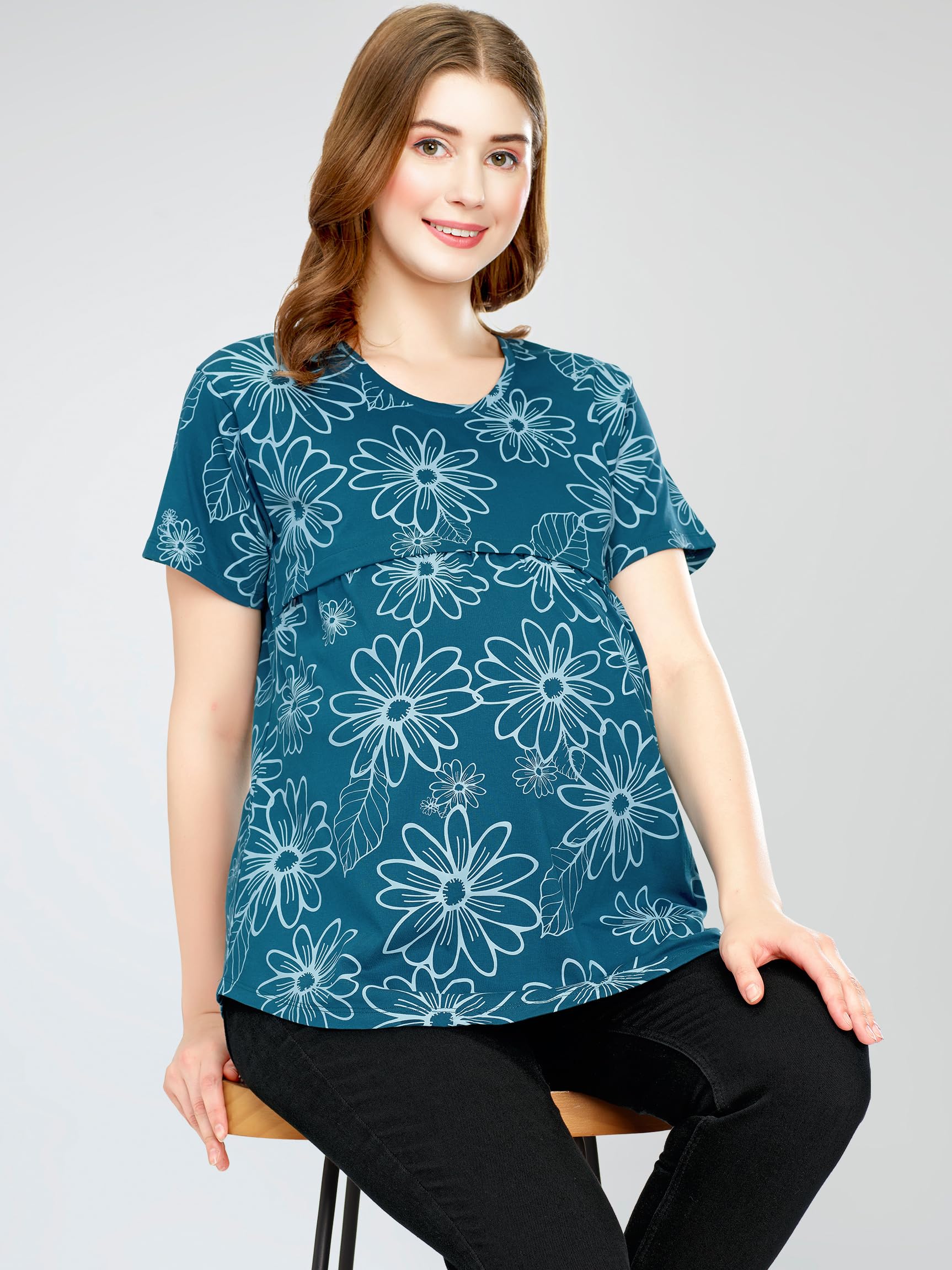ZEYO Women's Cotton Teal Blue Maternity Top Floral Printed Feeding T-Shirt 5814 - Image 3 thumbnail