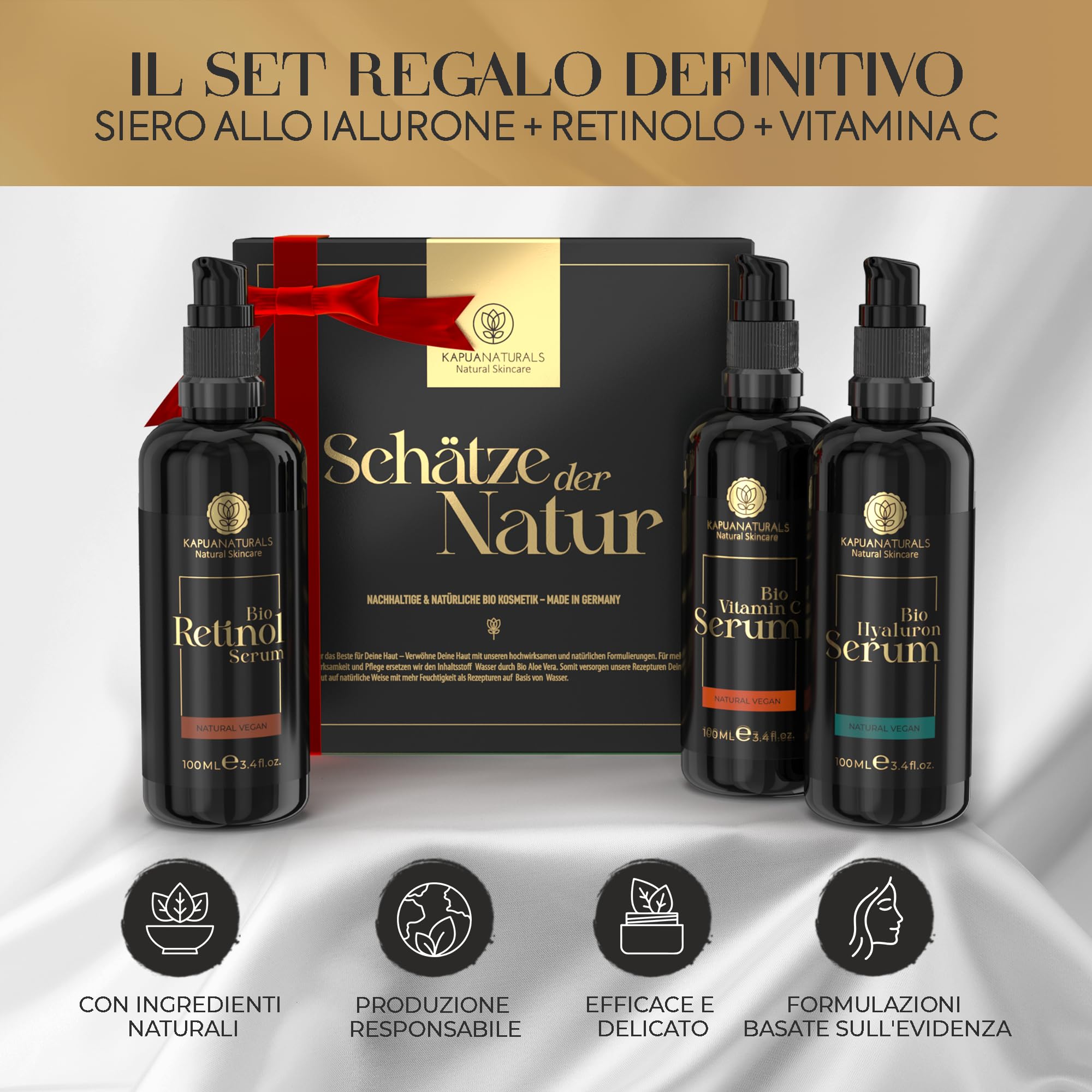 Set regalo per la cura del viso BIO - 3x100 ml - Regali per donne - Vegan - Siero di ialurone + di retinolo + di Vitamina C - Set regalo per donne - Regalo per la fidanzata - San Valentino, Natale