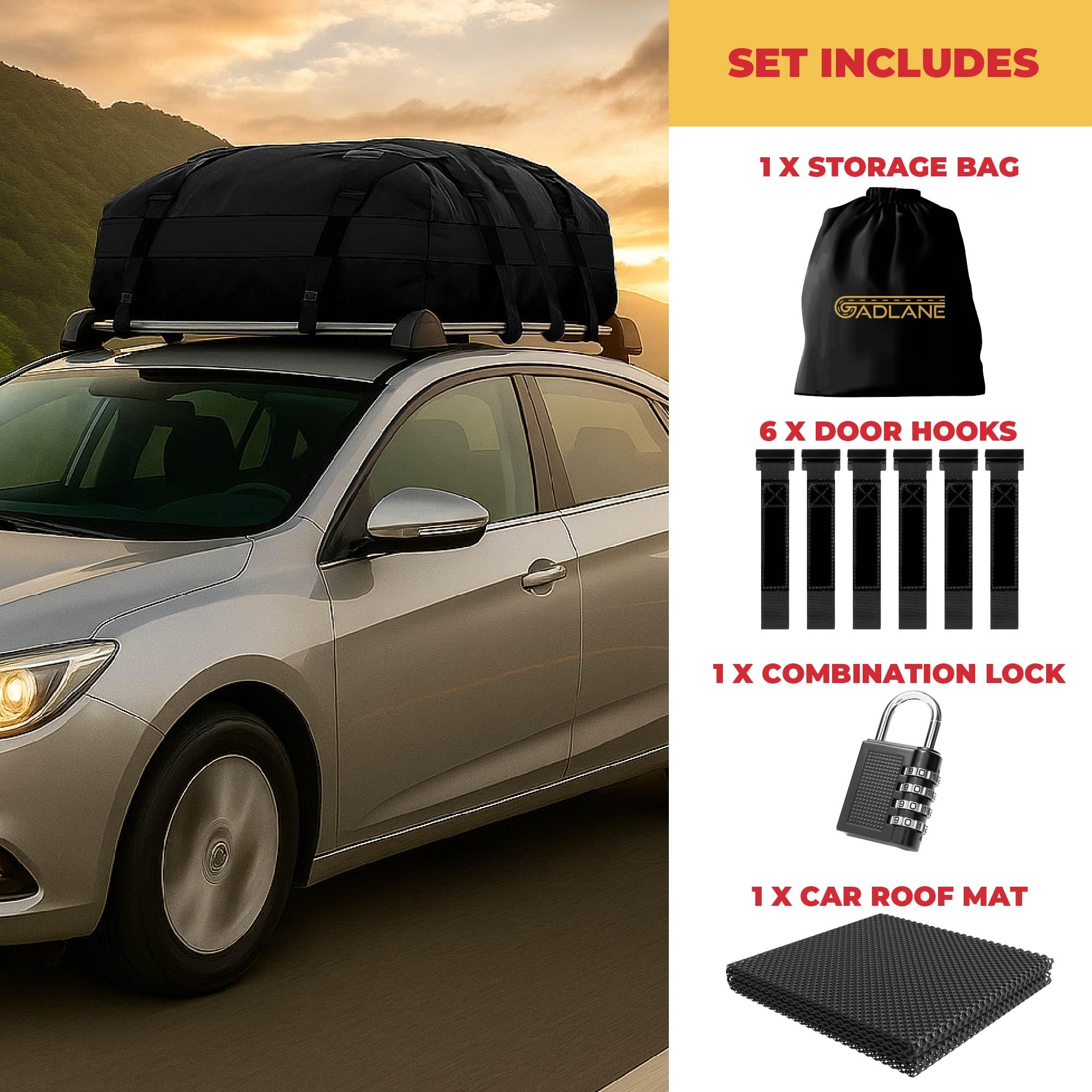 Borsa da Tetto per Auto - 552L Box da Tetto Impermeabile per Auto con/senza Portapacchi, con Tappetino Antiscivolo, 6 Cinghie Robuste, Lucchetto a Combinazione, Borsa Portaoggetti (Nero)