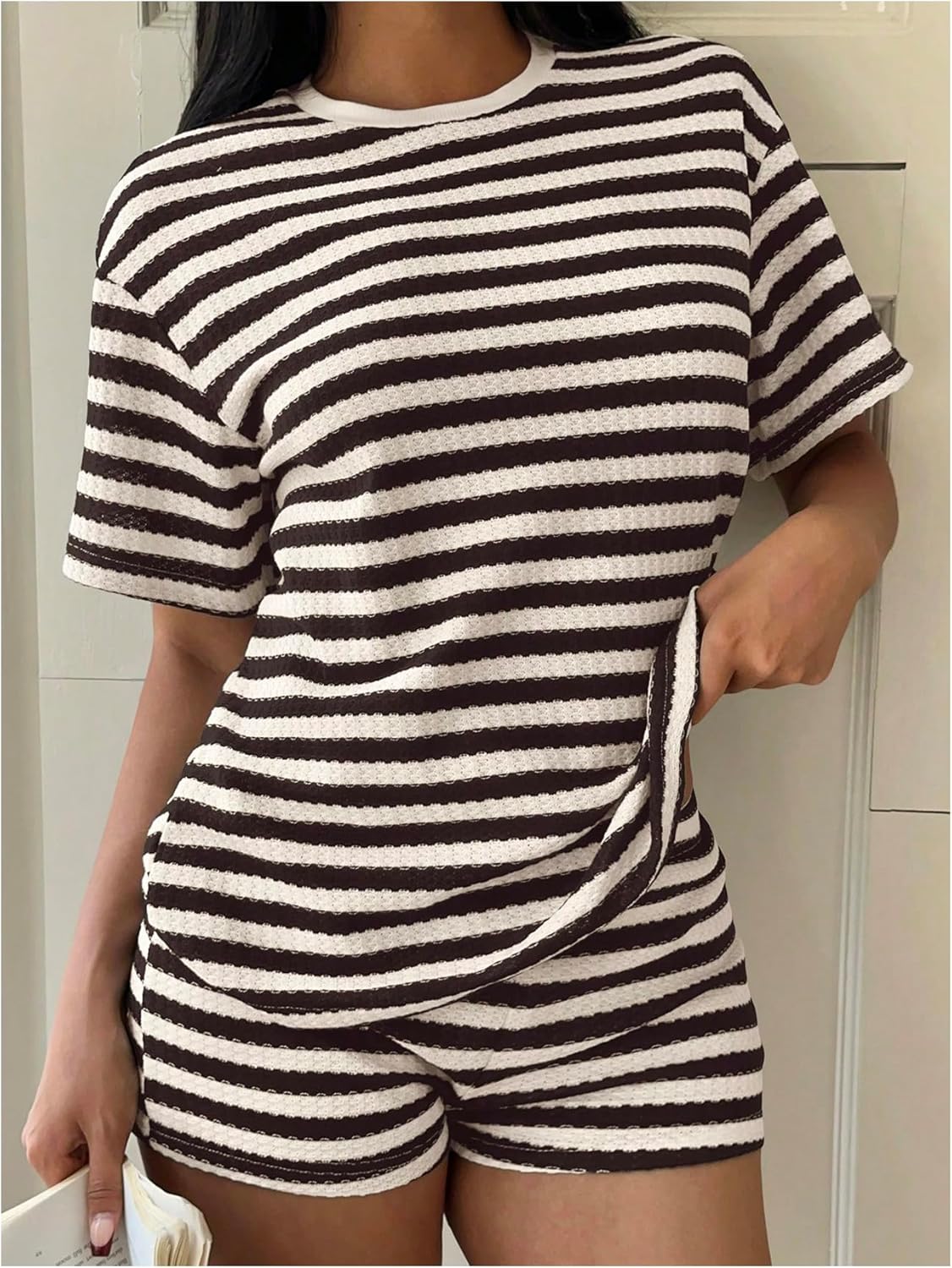 Milumia Women 2 Pieces Striped Lounge Set Round Neck Oversized T Shirts Shorts Matching Set - Image 4