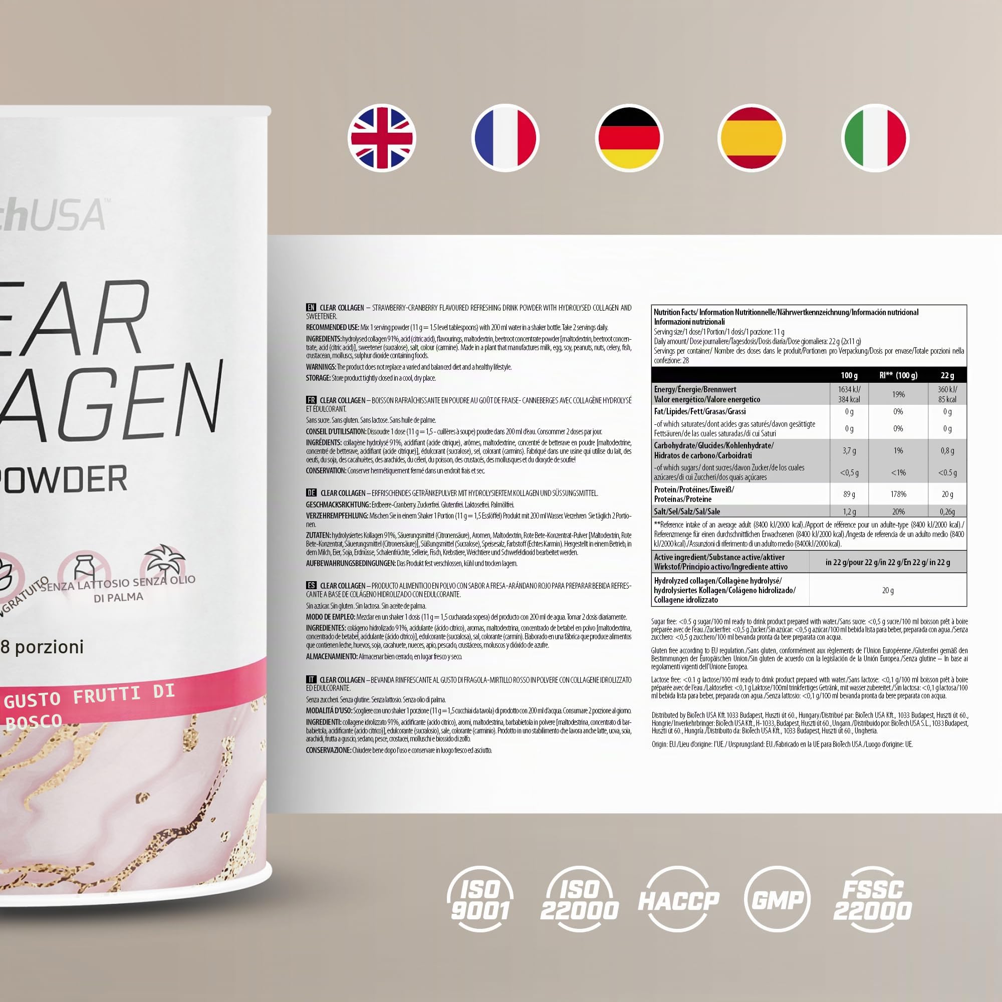 BioTechUSA Clear Collagen | collagene in polvere da bere | Vitamina C per la normale formazione di collagene | dissetante | facilmente solubile | 308 g, Fragola-Mirtilli Rossi