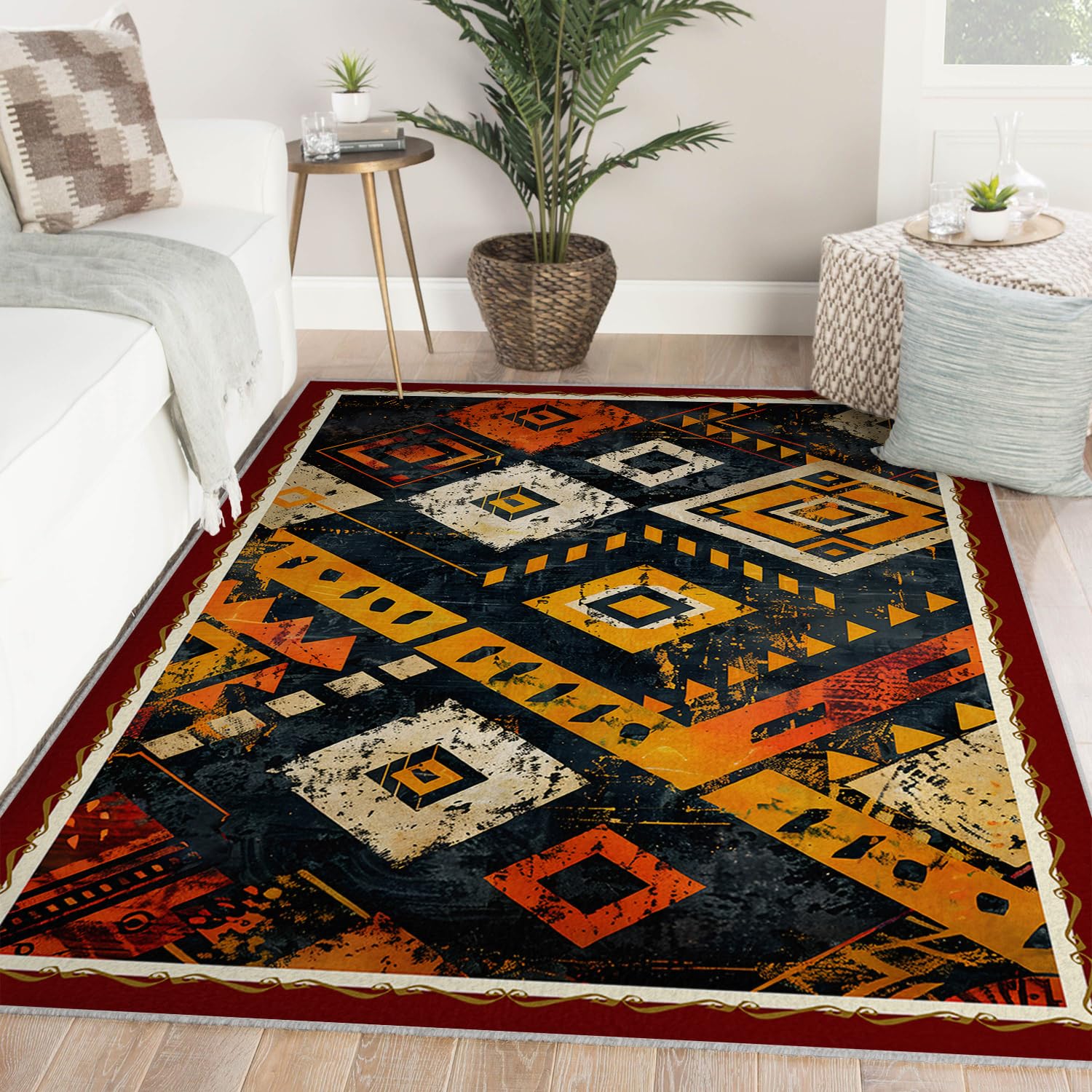 Tappeto tribale nativo americano colorato geometrico azteco retrò tappeto invecchiato lavabile antiscivolo e morbido tappeti di grandi dimensioni per l'arredamento casa dell'ufficio 100x150cm
