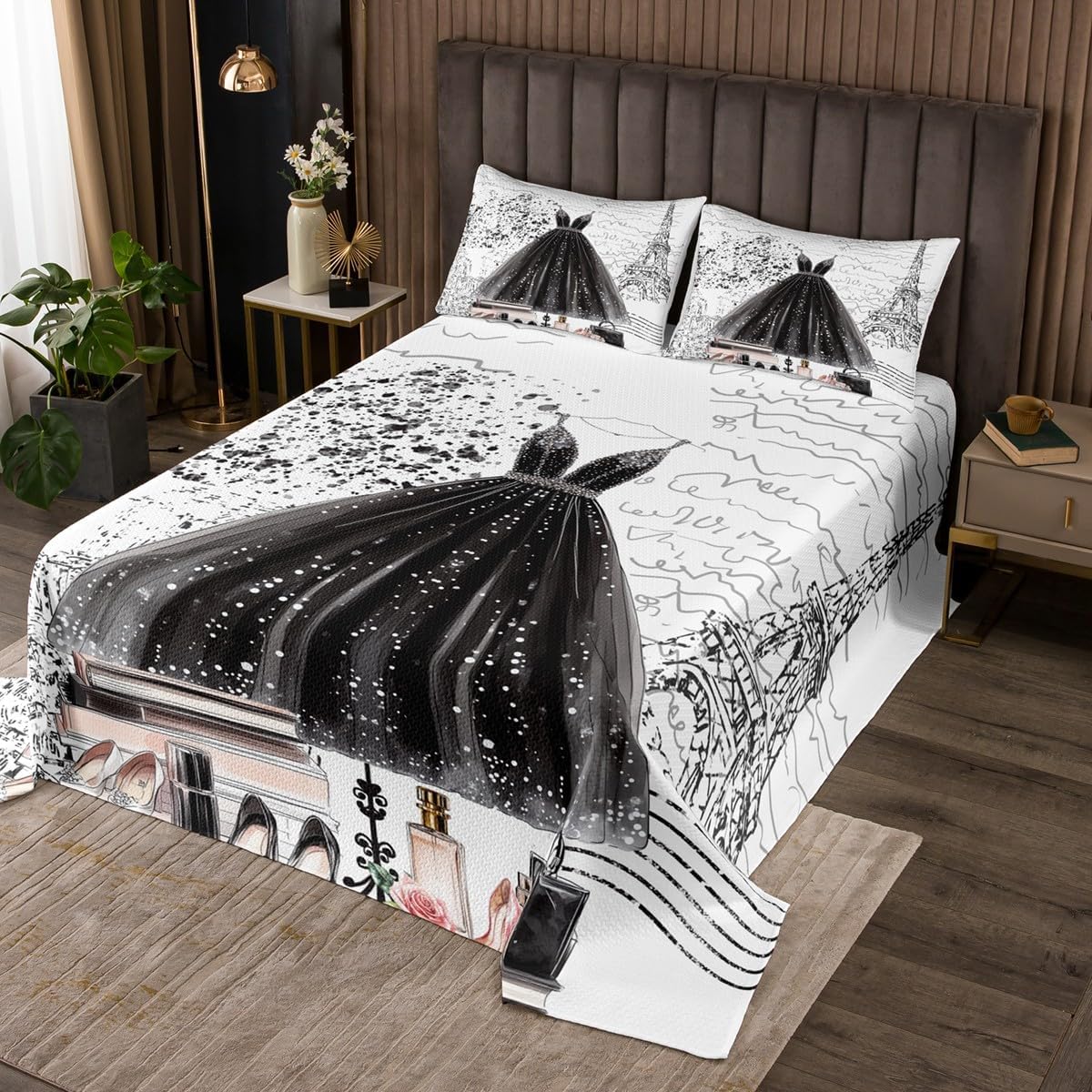 Erosebridal Fashion Girly Dress Coverlet Set King Size Black White Eiffel Tower Paris Bedspread Set Perfume Modern Girls Women Bed Sets Romantic High Heels Makeup Bedding Sets