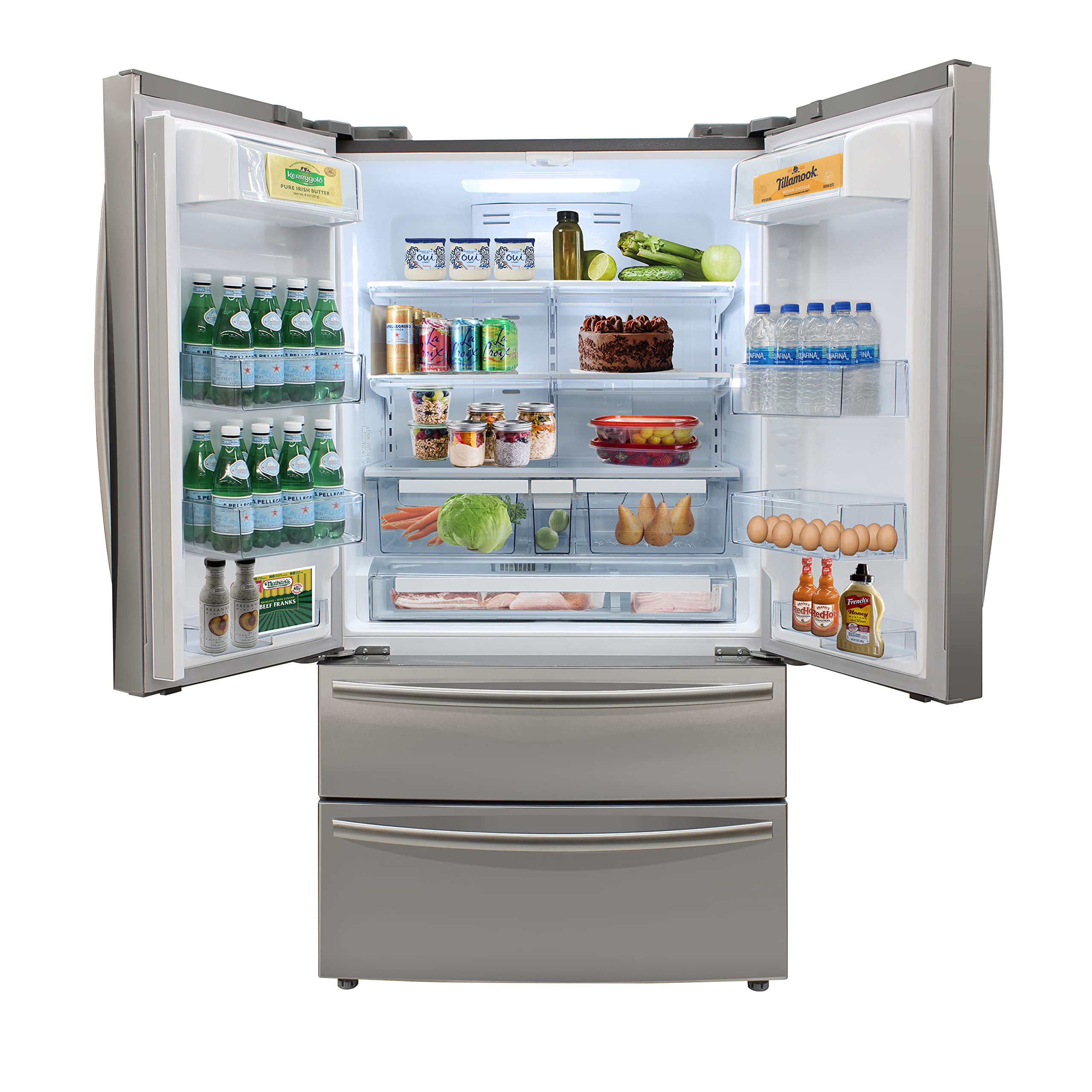 Brama French Door Refrigerator With Ice Maker And Dual Drawer Bottom Freezer, 20.7 Cu.Ft. Capacity With Adjustable Shelves Counter Depth Stainless Steel Exterior, 36-Inch, Metallic on Fridge.com - View 3