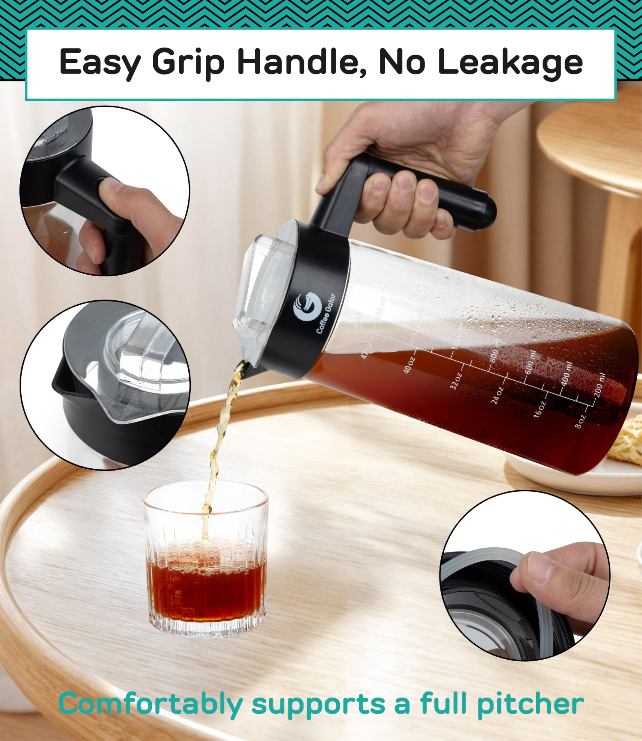 Caffettiera Manuale con Infusore per Fare Il caffè Freddo o Cold Brew Coffee di Coffee Gator - Macchina da caffè per Gli Appassionati di Slow Coffee - Caraffa in Vetro con Filtro - Anche per Il tè