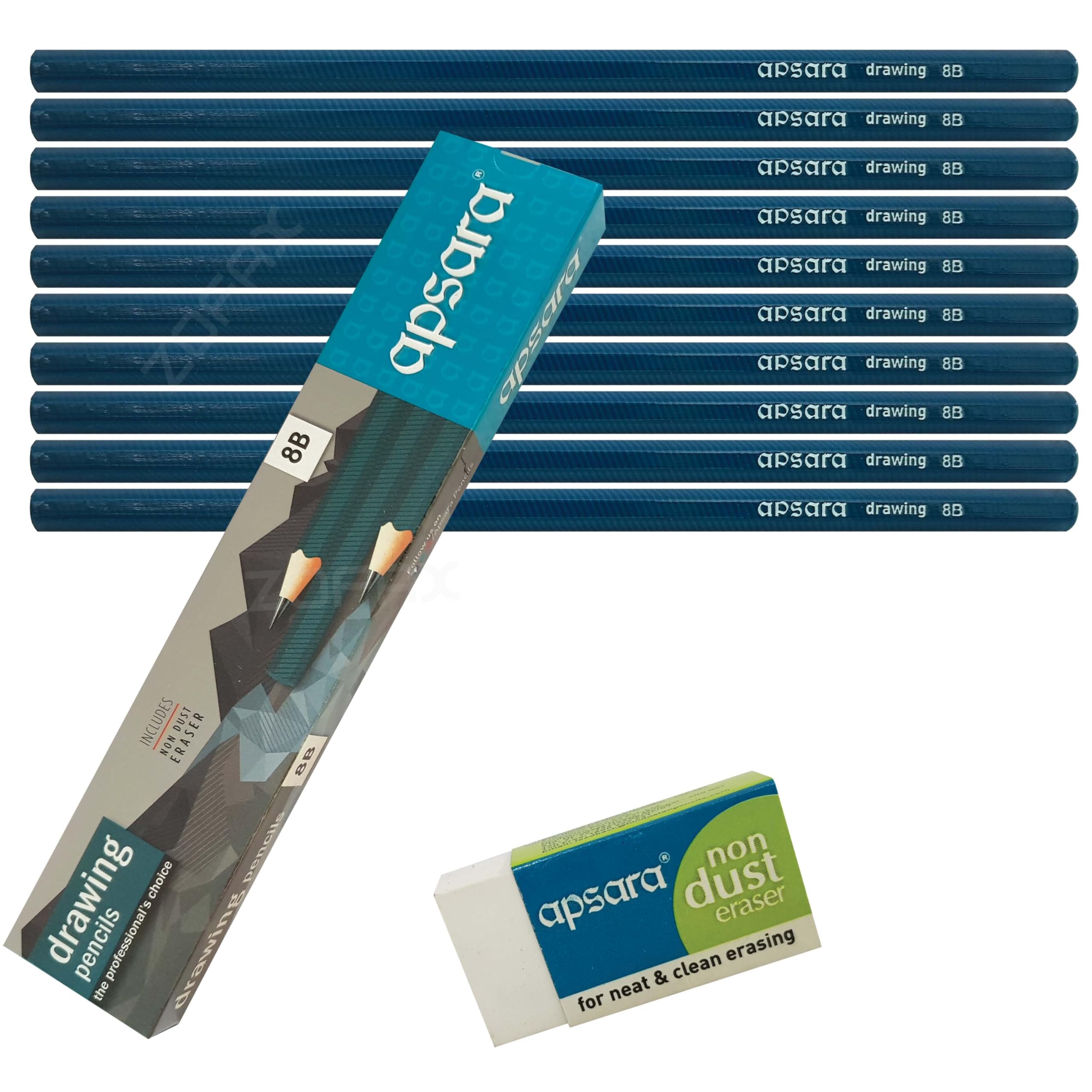 Sketching Pencils, 8B Graded, Pack of 10, Graphite Lead, Professional Artists Drawing Pencils Eraser Pack, Sketch Draw Shade Write, iZOFAX Black Ball Pen — image 1