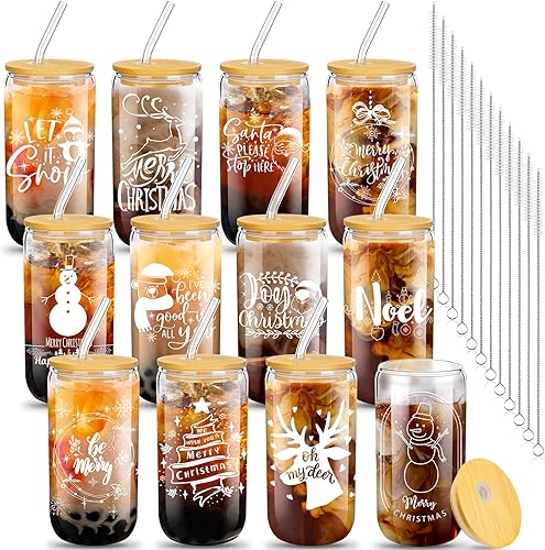 meekoo 12 vasos de cristal de Navidad de 16 onzas con forma de lata de Navidad con tapas y pajitas, taza de café helado, tazas de Navidad para
