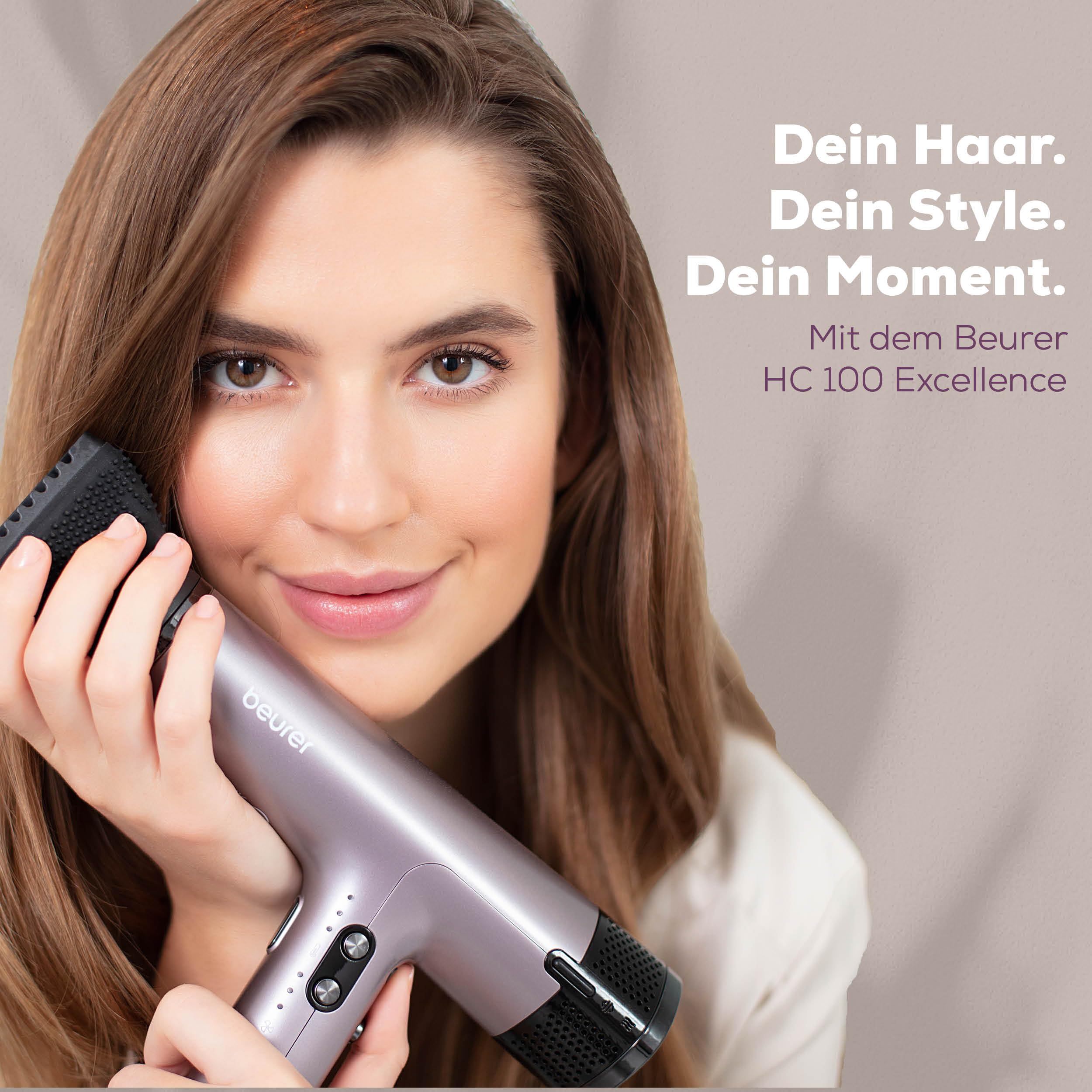 Beurer HC 100 Excellence Haartrockner, Föhn mit kraftvollem Digitalmotor, trocknet bis zu 20% schneller, leichtes Gewicht, besonders leise, Ionenfunktion für glänzendes Haar, inkl. Volumendiffusor