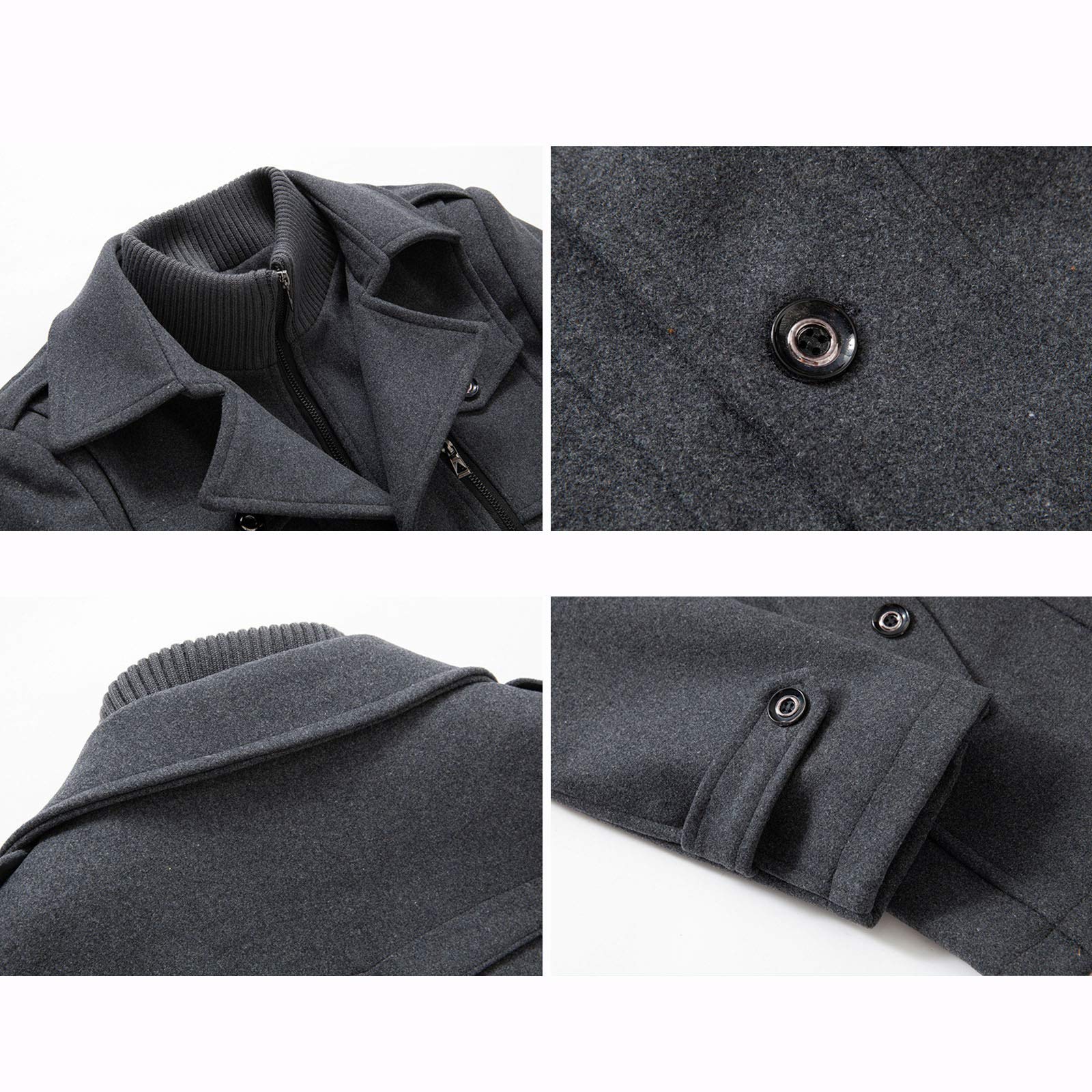 Männer Warmer Wollmantel, abnehmbare Doppelkragen Erbsen-Mäntel Casual Winter Business Slim Fit Jacke Plus Baumwollfutter Dicker Abzug im Freien