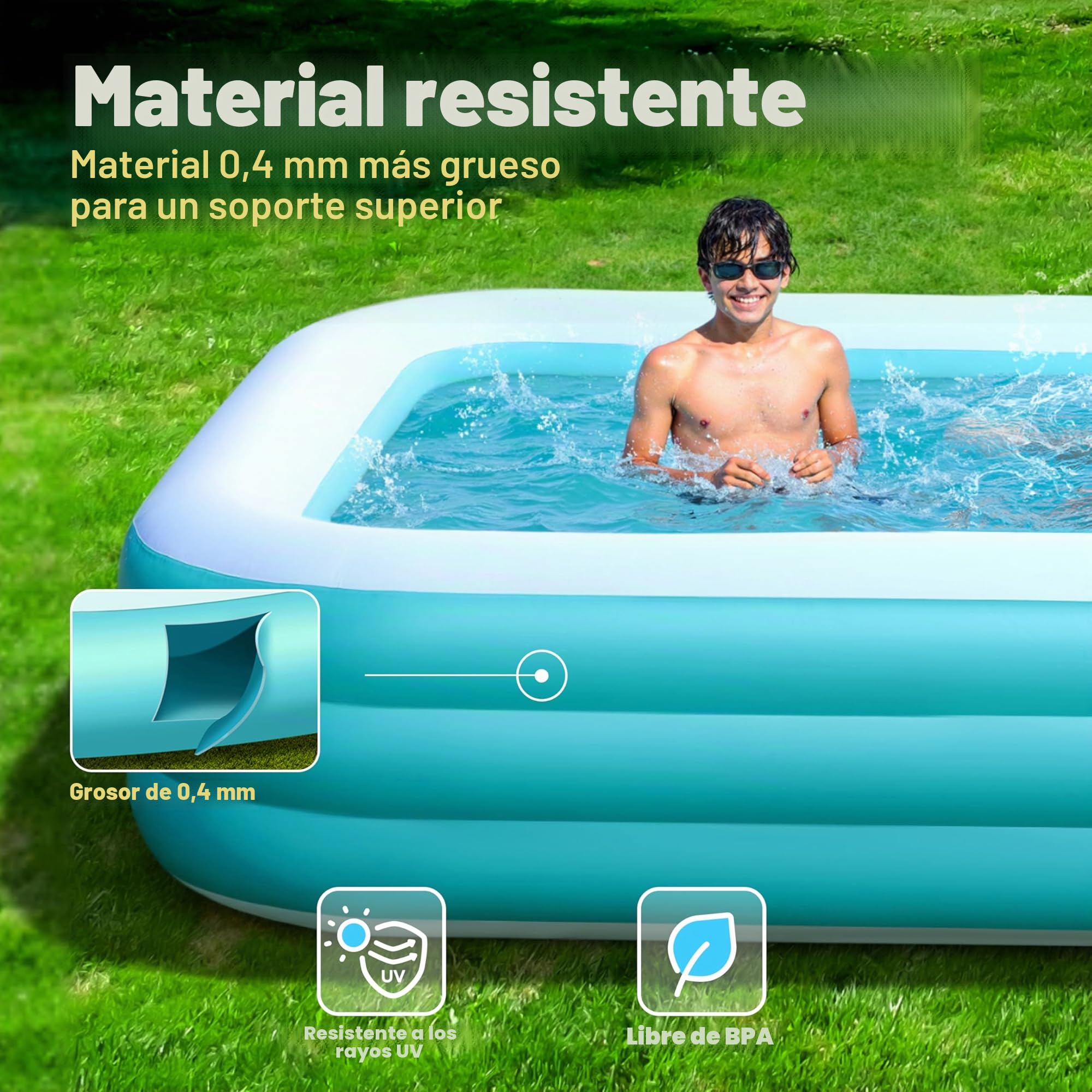 SLOOSH Piscina hinchable para adultos con asientos, 304,8 x 182,9 x 55,9 cm, tamaño natural, inflable, duradera, gruesa, gran piscina para jardín, césped, fiesta acuática de verano, cian