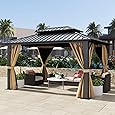 10x13ft Double Roof Hardtop Gazebo, Heavy Duty Galvanised Steel Hardtop Pavilion with Nettings and Curtains, Metal Roof Gazebo for Patio, Terrace, Lawn and Deck, Brown